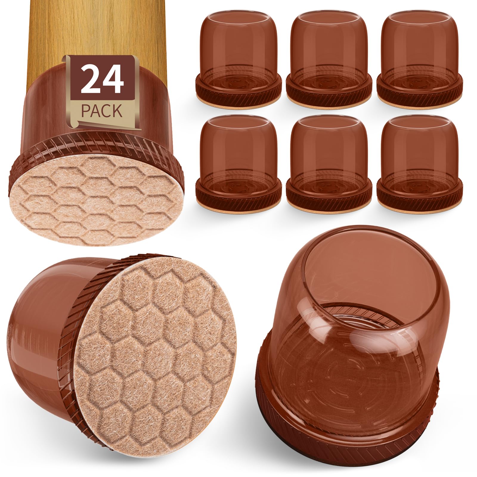 24 Pcs Silicone Chair Leg Floor Protectors - Non-Slip Furniture Pads for Hardwood Floors, Brown Round Rubber Caps - Perfect for Dining Chairs, Office Chairs & Home Furniture Protection