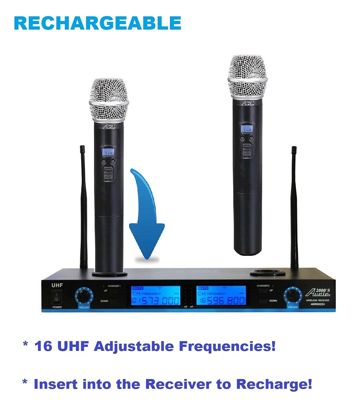 Audio 2000S WM6522 UHF Wireless Microphone System with 2 Rechargeable Mics - PLL Frequency Agile for Clear Sound - Perfect for Karaoke, Live Performances & Public Speaking