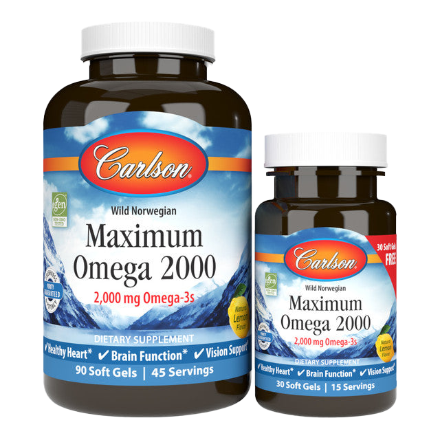 Carlson Labs Maximum Omega 2000 Fish Oil Supplement - 90+30 Softgels for Heart, Brain & Joint Health | Supports Cardiovascular Function & Cognitive Performance