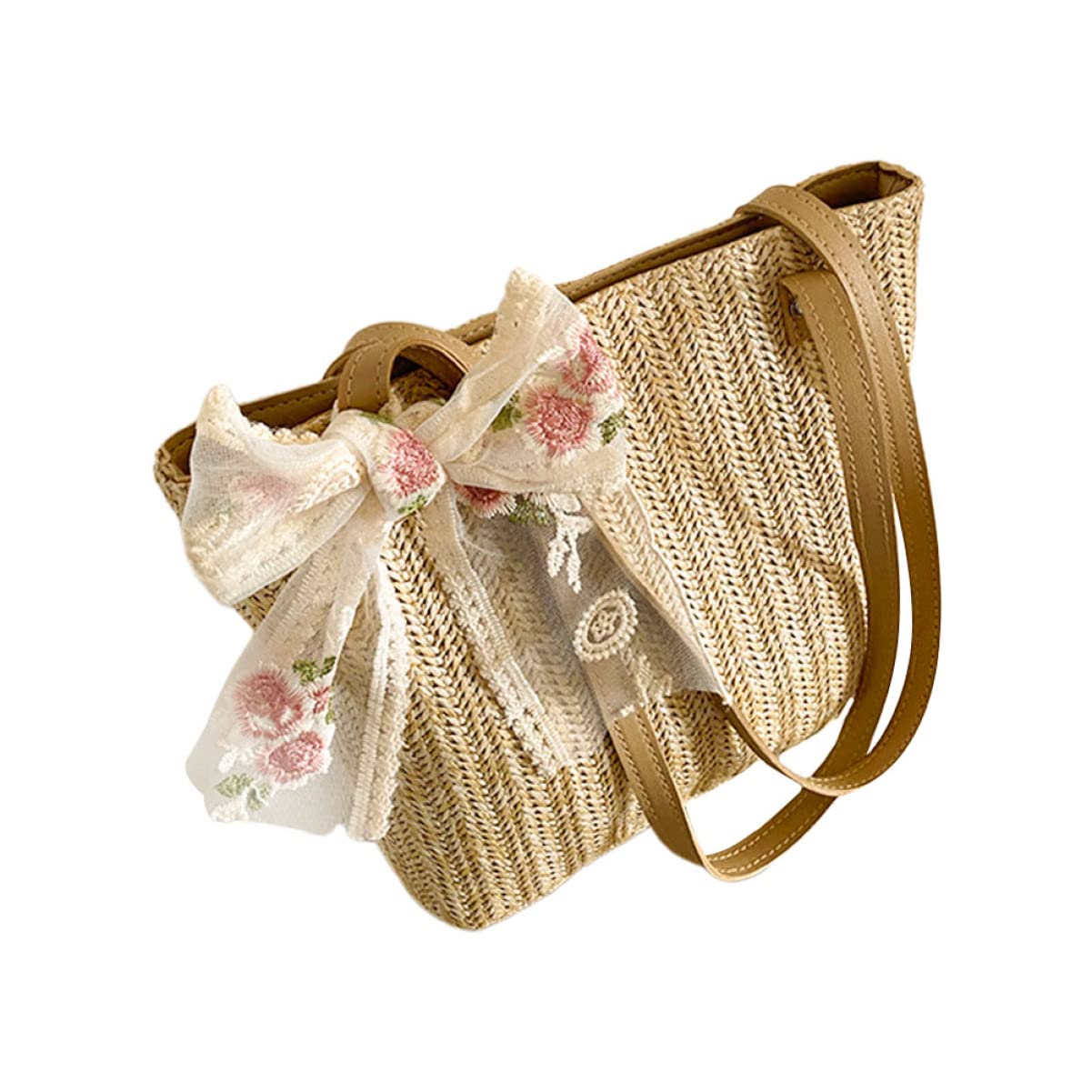 VALICLUD Summer Straw Woven Handbag for Women - Lace Bowknot Decor Beach Tote Bag, Perfect for Vacation, Shopping and Outdoor Activities