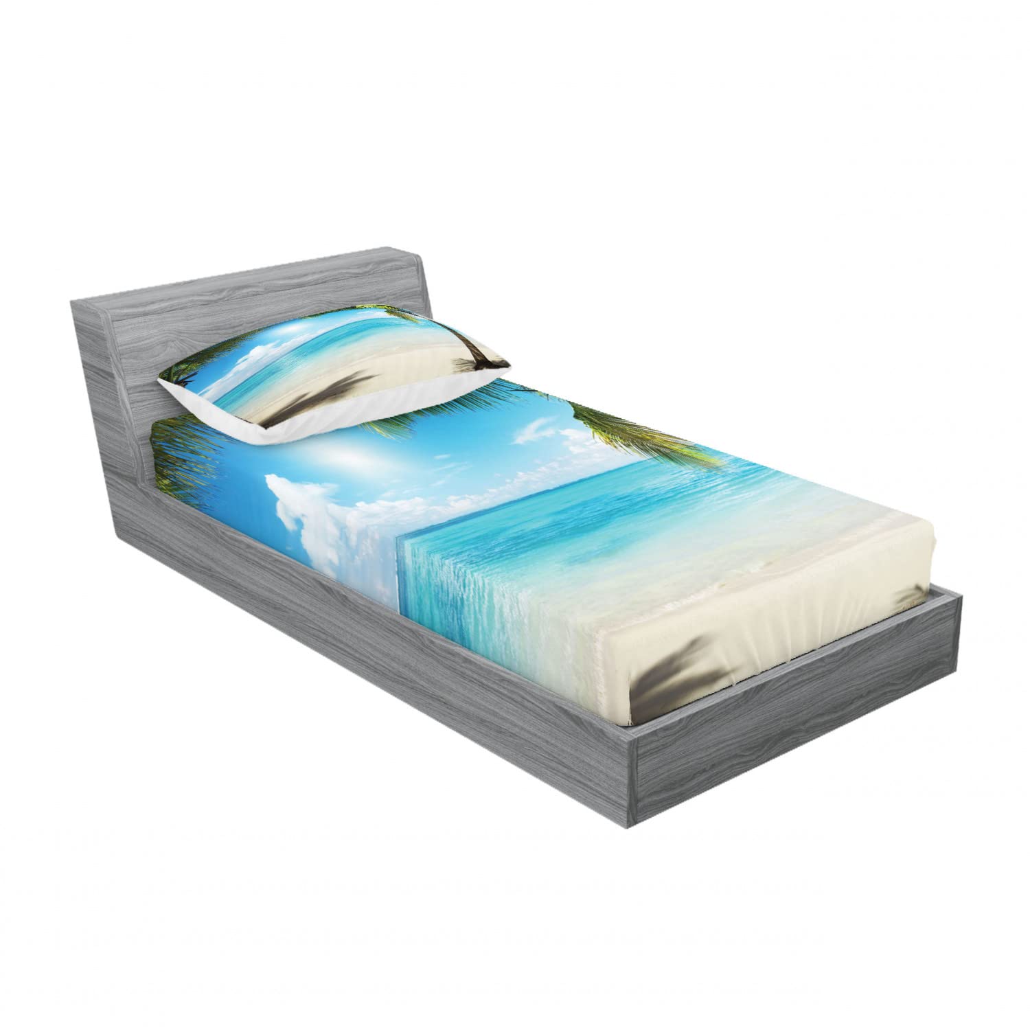 Ambesonne Tropical 2-Piece Twin Fitted Sheet & Pillow Sham Set - Coconut Shadows Design, Aqua Coconut Green, 4-PC Bedding Set (2 Fitted Sheets + 2 Pillow Covers) | Soft & Breathable for Kids Room, Guest Bedroom or Vacation Home Decor