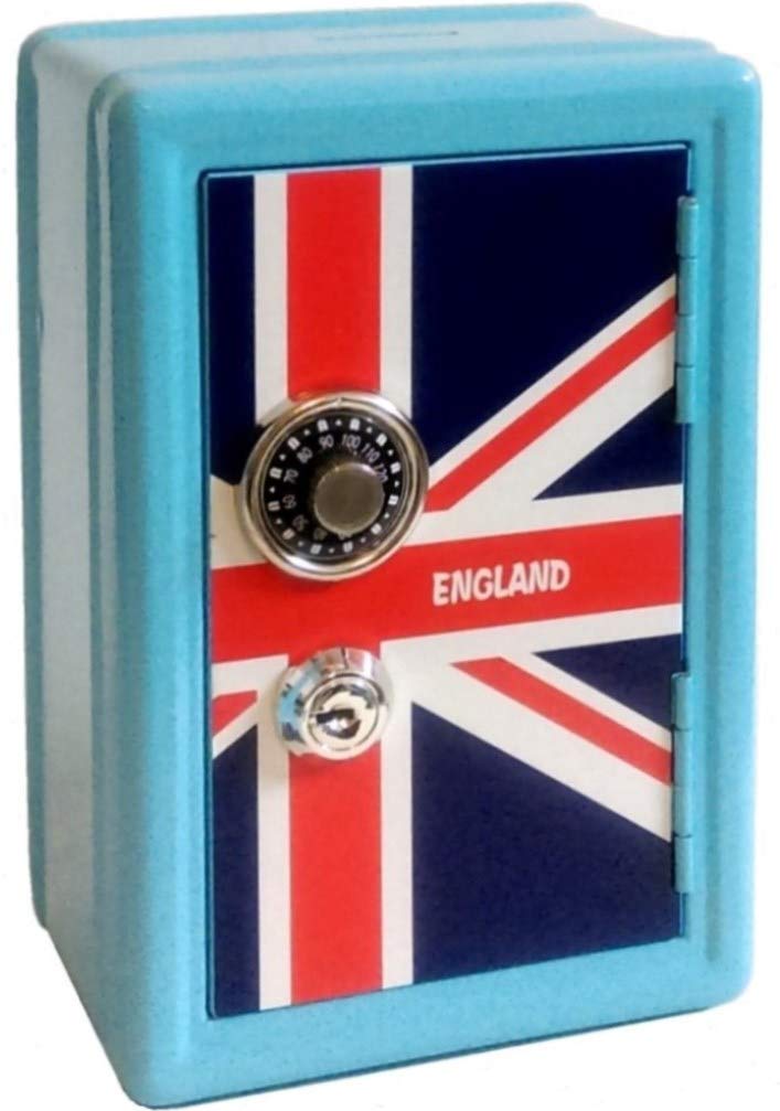 British Flag Printed Metal Safe Bank Coin Money Box with Combination & Key Lock - Secure Cash Storage for Home, Office, or Travel Use