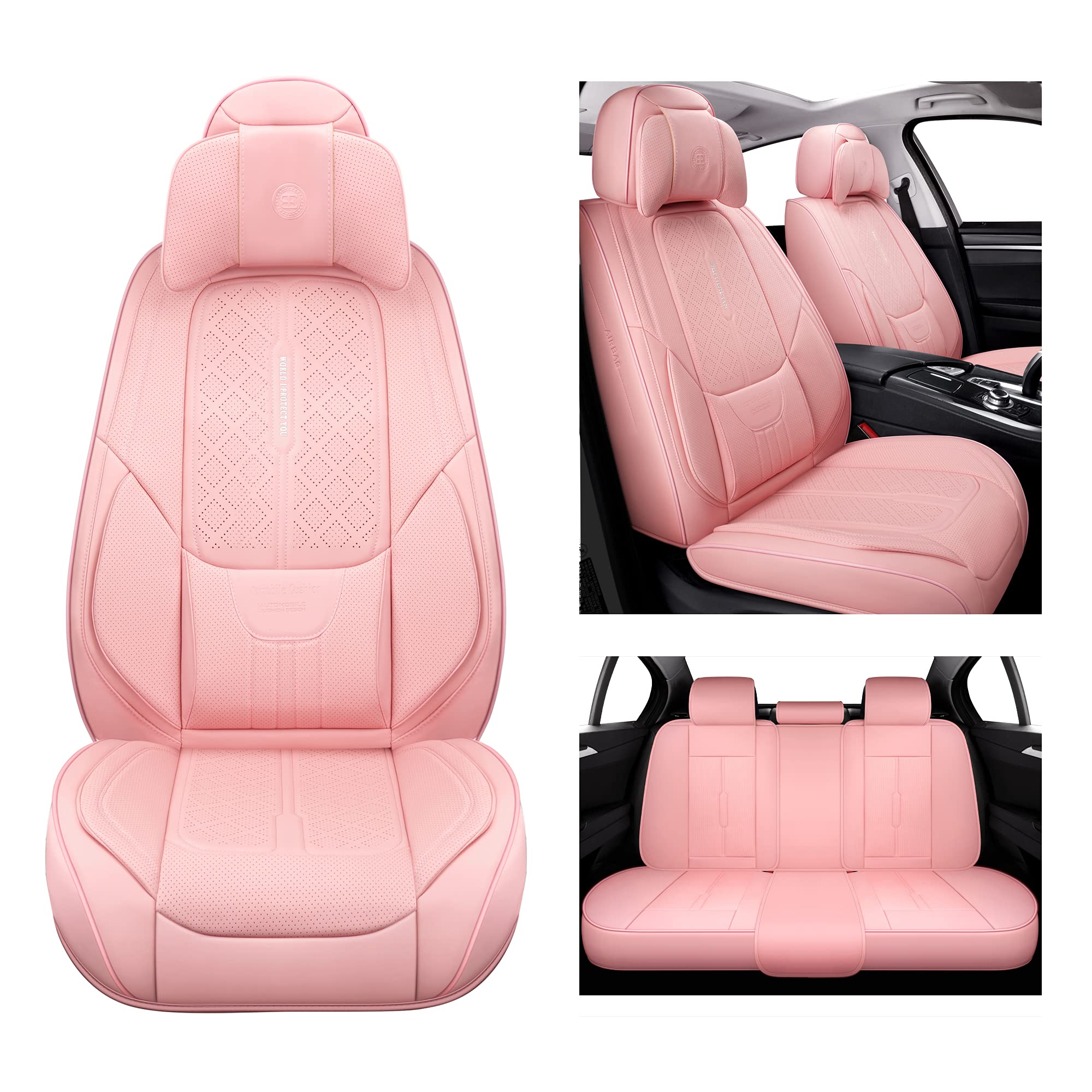 Premium PU Leather Universal Car Seat Covers - Full Coverage Waterproof Custom Fit for Cars, SUVs & Trucks | Anti-Slip Design | 5-Piece Set (Pink) | Perfect for Daily Commute, Road Trips & Family Protection