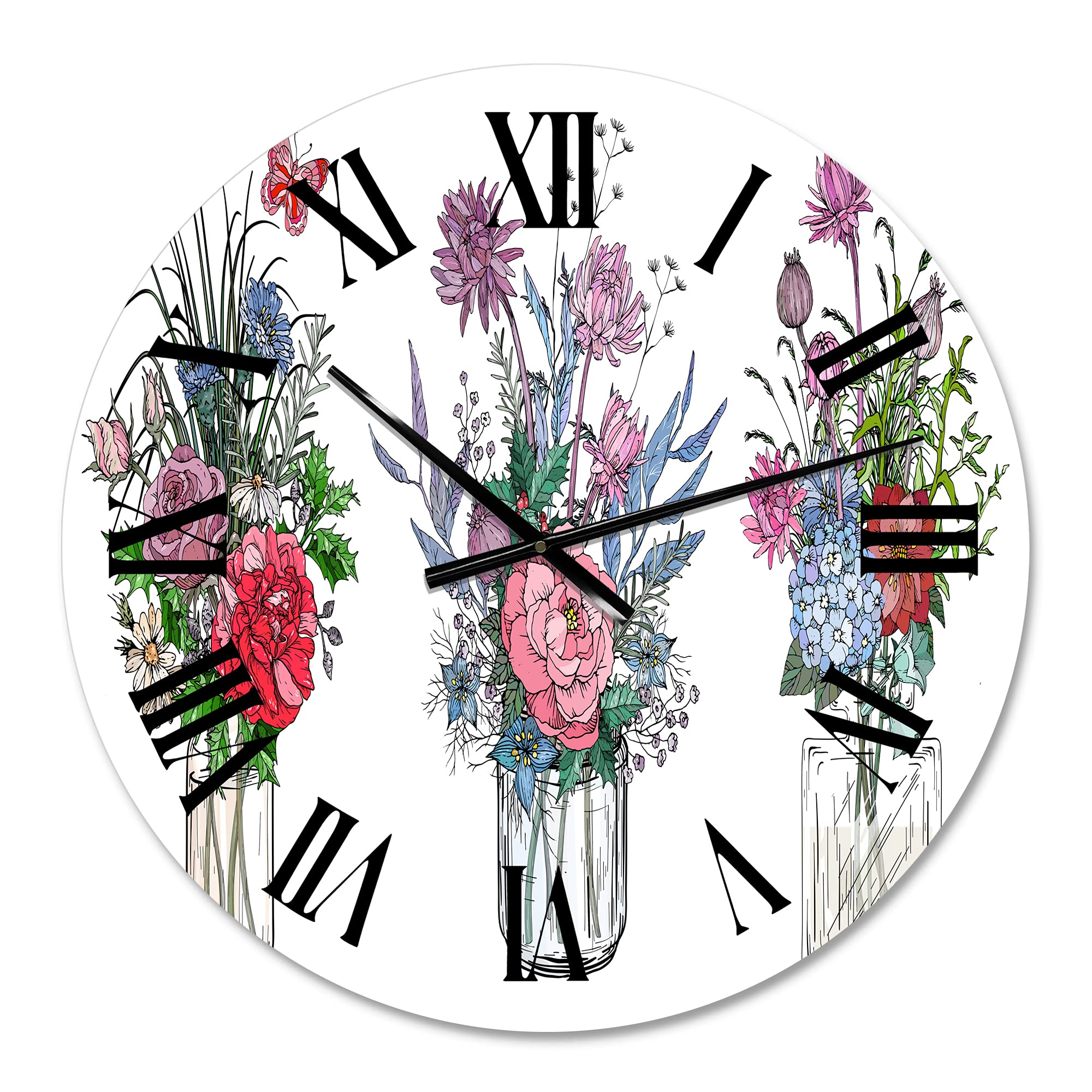 DesignQ Farmhouse Wall Clock - Large Floral & Botanical Wall Decor with Bouquets of Wildflowers in Transparent Vases for Kitchen, Living Room, Bedroom | Perfect for Rustic Home Decor