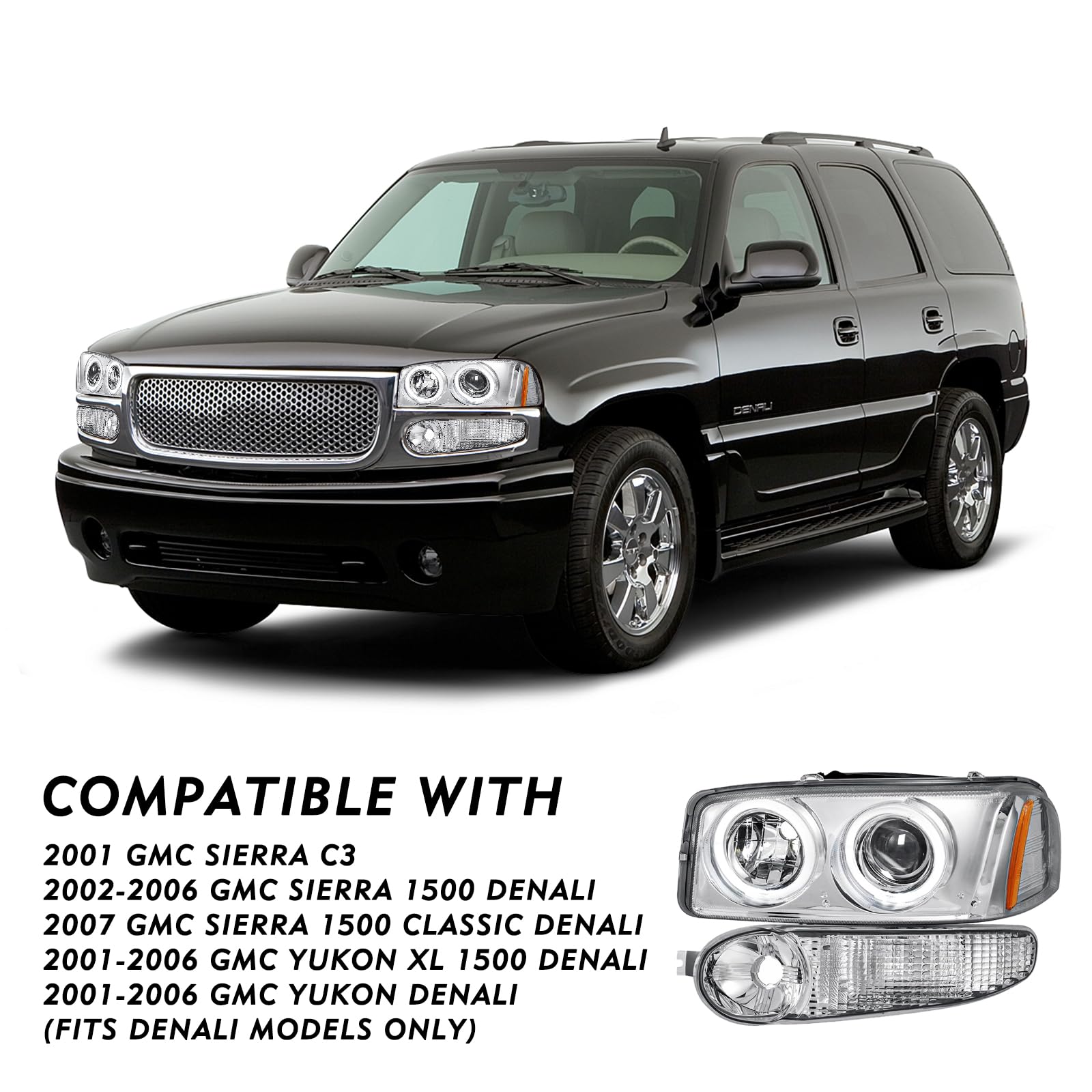2001-2006 GMC Yukon & Yukon XL Denali Headlight Assembly - LED Projector Halo Lights with Bumper Lights - Chrome Housing Replacement for Sierra 1500 Denali (4-Piece Set) - Perfect for Night Driving & Off-Road Adventures