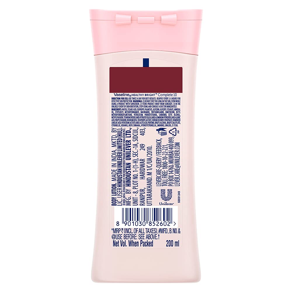 Vaseline Healthy Bright Complete 10 Body Lotion with Vitamin B3, AHA & Pro-Retinol - Anti-Aging Moisturizer for Glowing Skin - 200ml - Perfect for Daily Hydration & Nighttime Skincare Routine