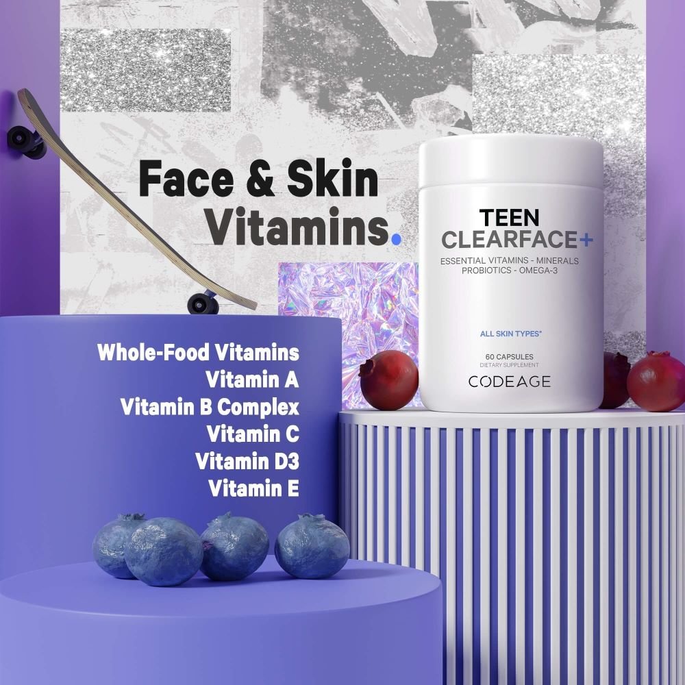 Codeage Teen Clearface+ Multivitamin for Acne & Skin Health - Clear Skin Support for Teens & Adolescents - Daily Supplement for Hormonal Balance & Breakout Prevention