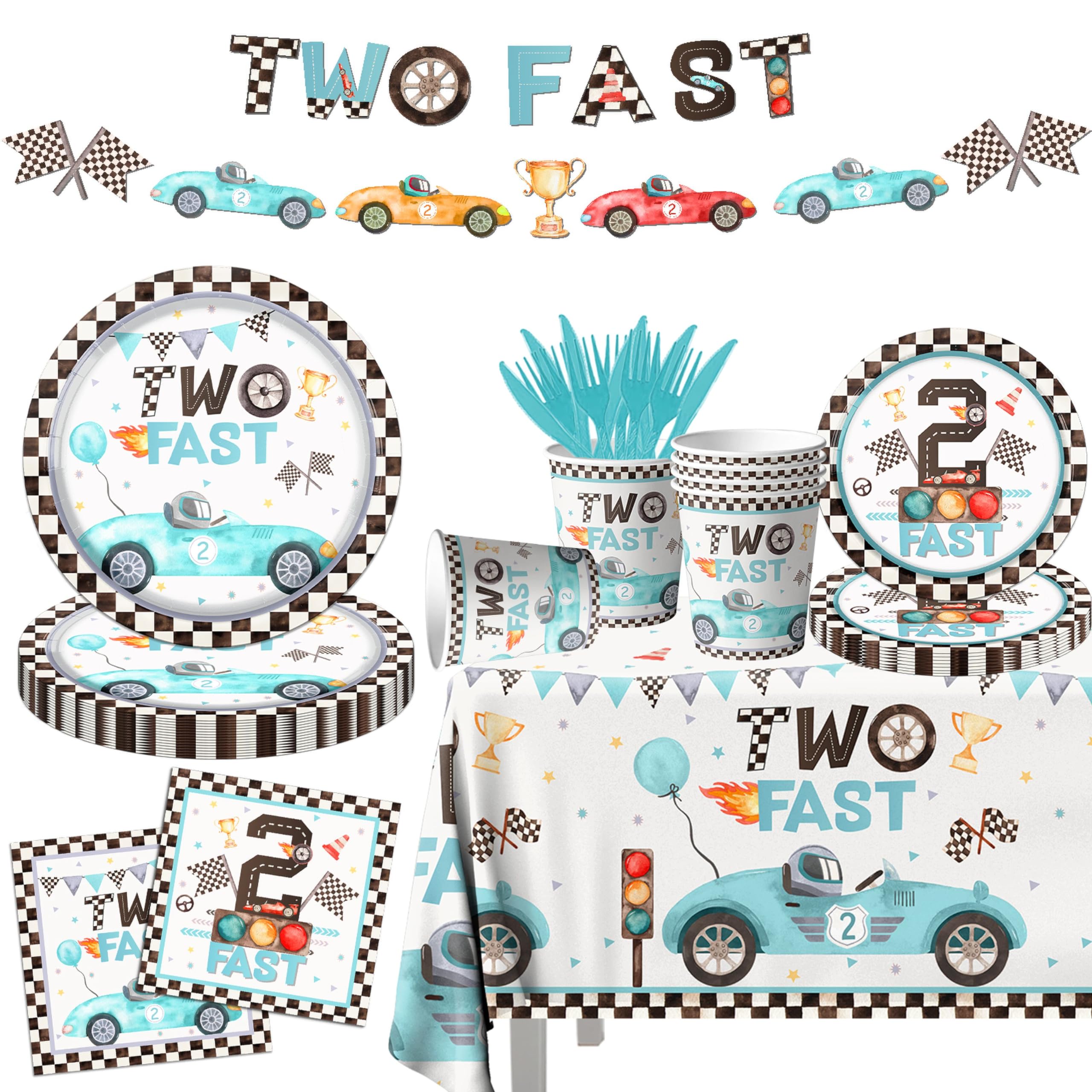 142-Piece Blue Race Car Birthday Party Tableware Set - Disposable Plates, Tablecloth, Napkins, Cups, Forks & Knives with Checkered Flags & Racing Wheels - Perfect for Boys' Themed Parties, Baby Showers & Race Car Decorations