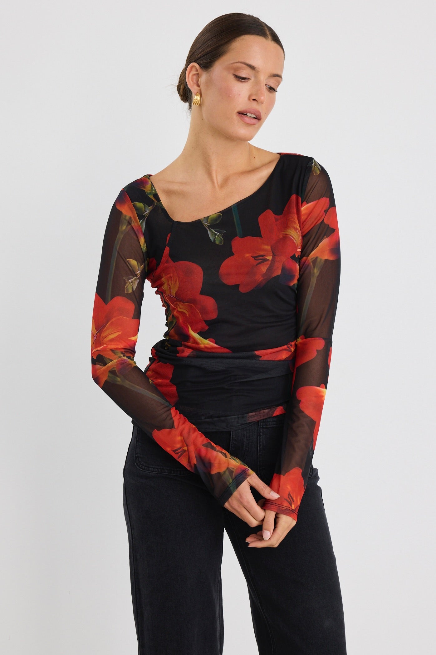 Stylish Asymmetrical Long Sleeve Mesh Top with Red Floral Print - Perfect for Casual Outings, Date Nights & Boho Fashion Looks