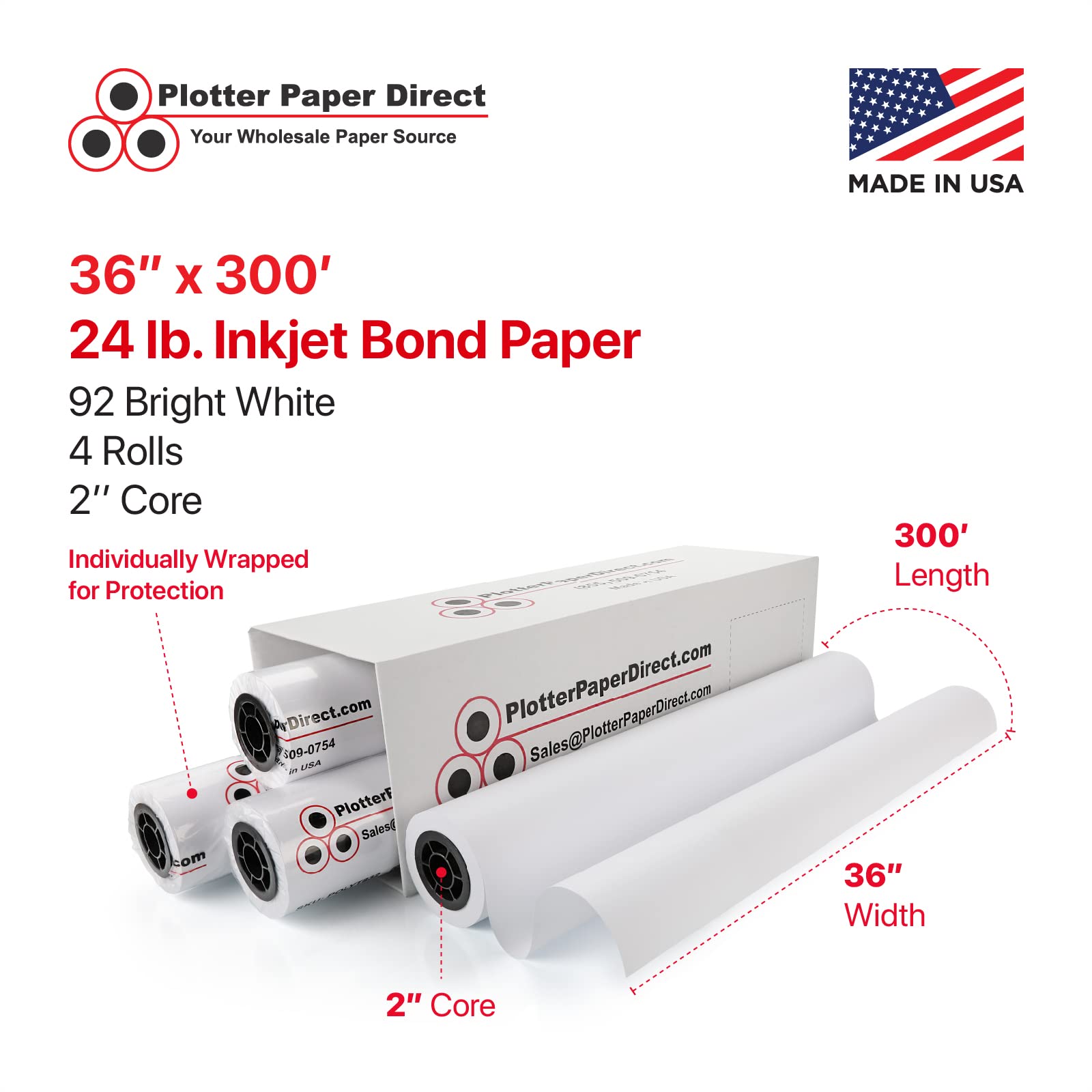 Premium 24lb Uncoated Plotter Paper - 4 Rolls, 36
