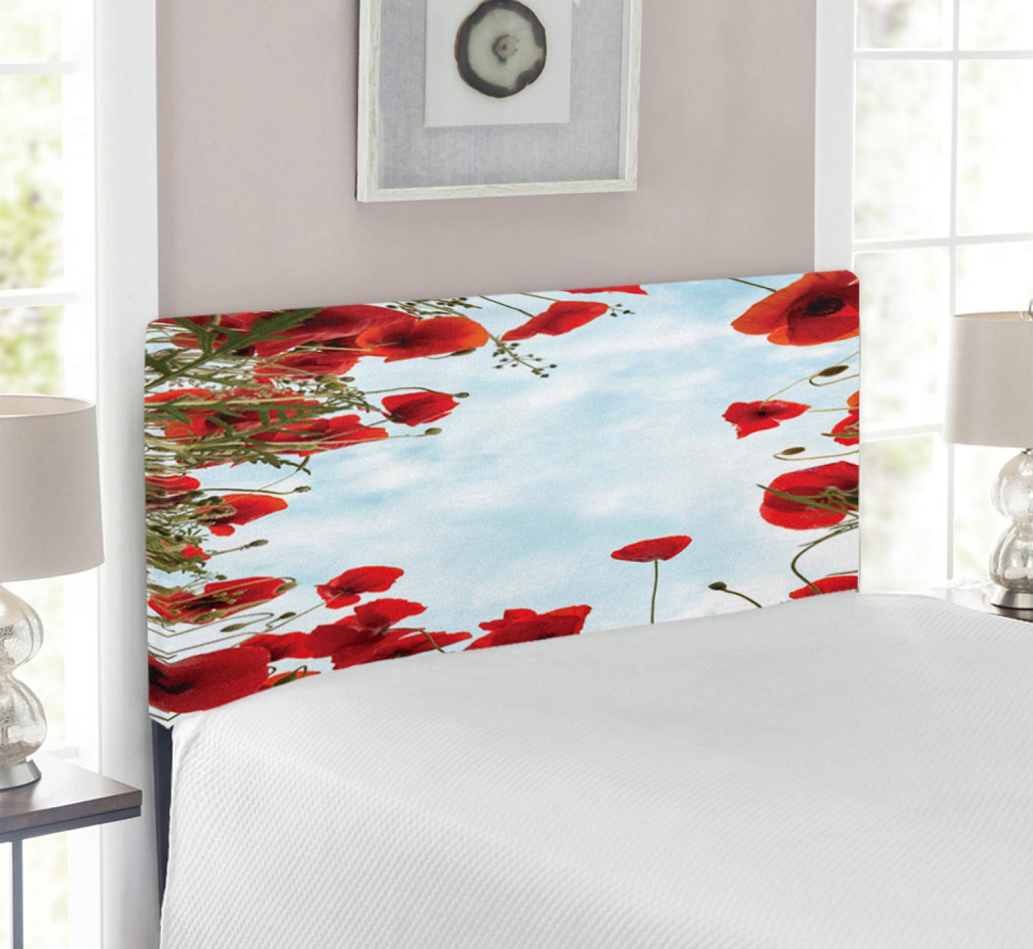 Ambesonne Poppy Flower Headboard - Upholstered Decorative Metal Bed Headboard with Memory Foam, Twin Size, Vermilion & Pale Blue - Perfect for Bedroom Decor, Guest Room, Dormitory, and Home Staging