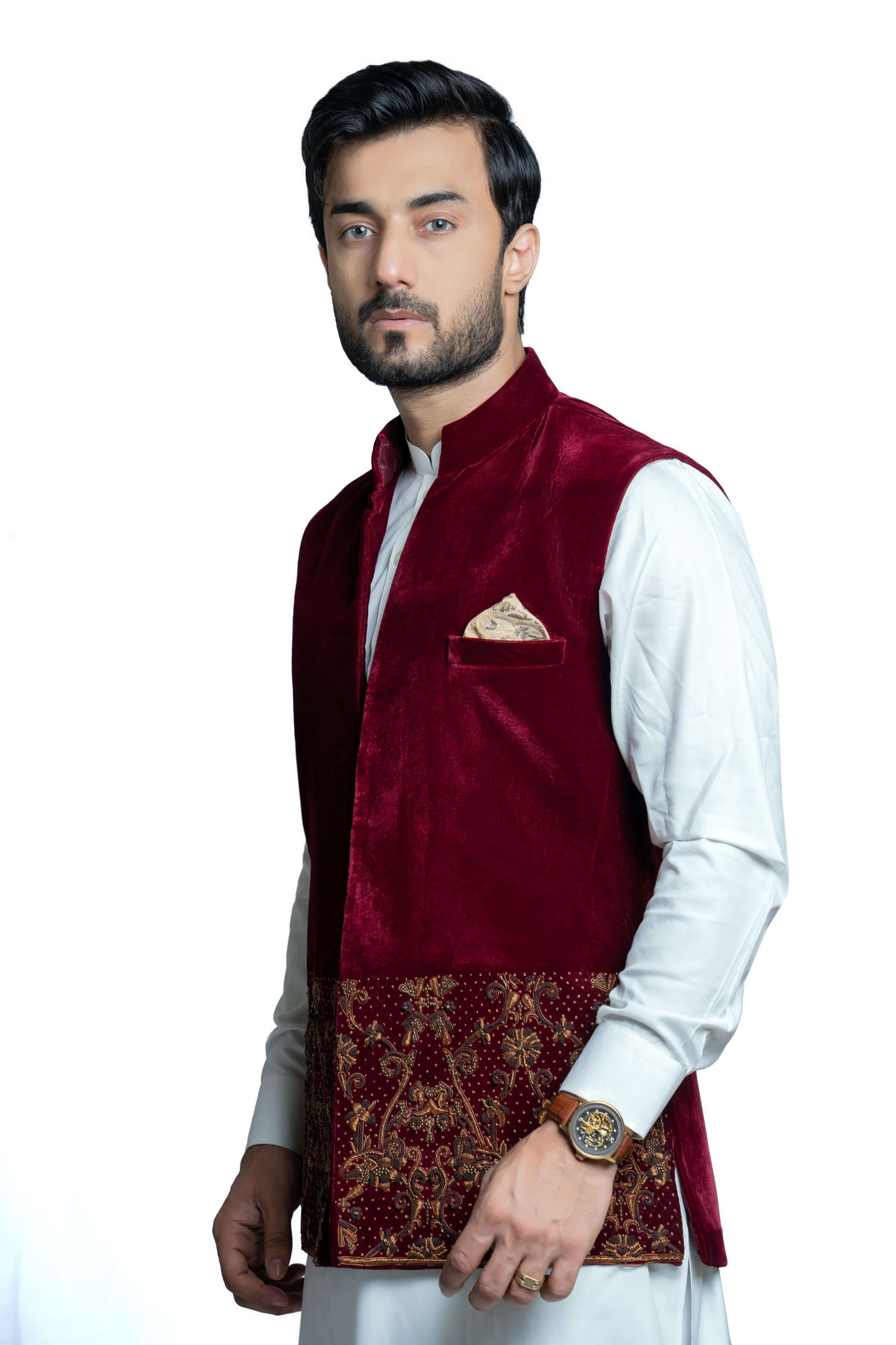 Deep Maroon Velvet Waistcoat with Gold Zardozi Embroidery - Elegant Formal Vest for Weddings, Parties & Special Occasions