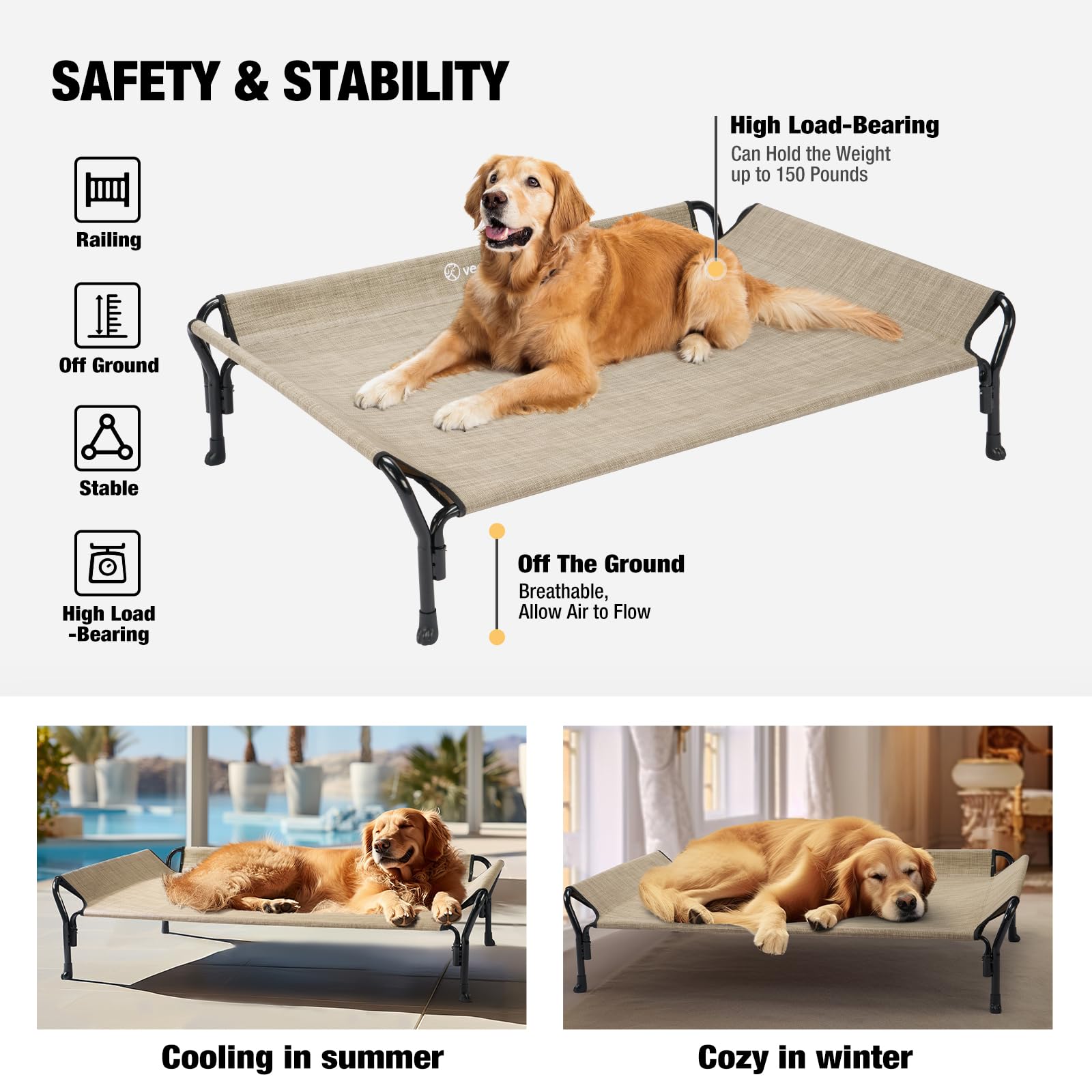 Veehoo Cooling Elevated Dog Bed for Large Dogs - Breathable Teslin Mesh, Durable Raised Cot with Guardrail & Slope Headrest - Indoor/Outdoor Dog Sofa Bed (Large, Beige Coffee) | Perfect for Backyard, Patio & Home Use