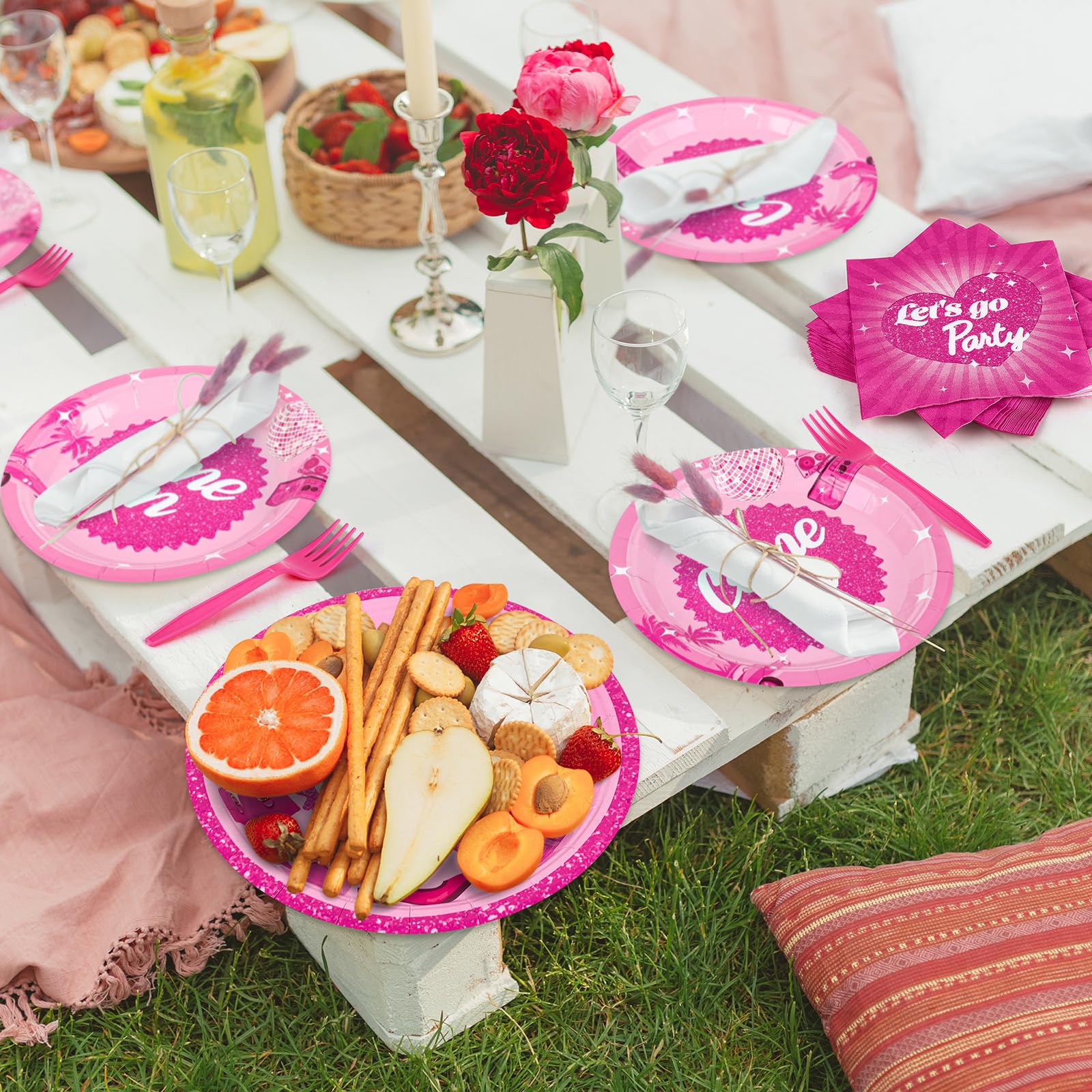 96-Piece Let's Go Party Supplies Set - Hot Pink Disposable Plates, Napkins & Forks for 24 Guests | Bachelorette, Birthday & Disco Party Decorations | Perfect for Girls' Birthday Parties & Celebrations