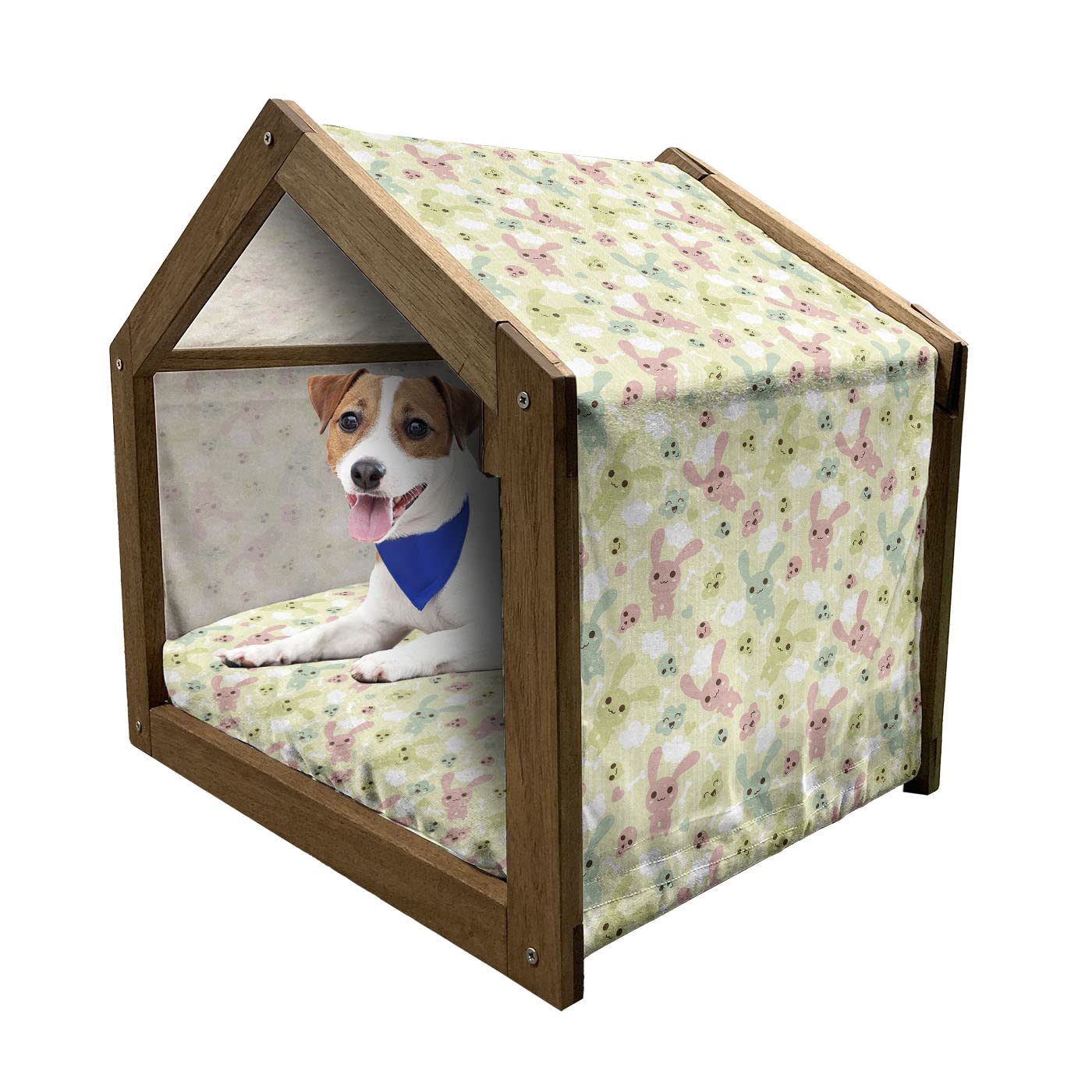 Ambesonne Anime Wooden Pet House - Funny Bunnies Clouds & Bones Pattern Kawaii Dog Kennel with Pillow & Cover | Indoor & Outdoor Portable Dog Bed for Small Pets | Pale Green & Pink | Perfect for Home, Garden, or Travel Use
