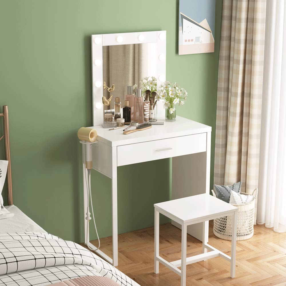 White Makeup Vanity Desk with Mirror & 10 LED Lights - Small Vanity Table & Chair Set for Bedroom, 27.6 Inch Dressing Table for Makeup, Skincare & Hair Styling - Perfect for Home, Apartment & Beauty Salon Use