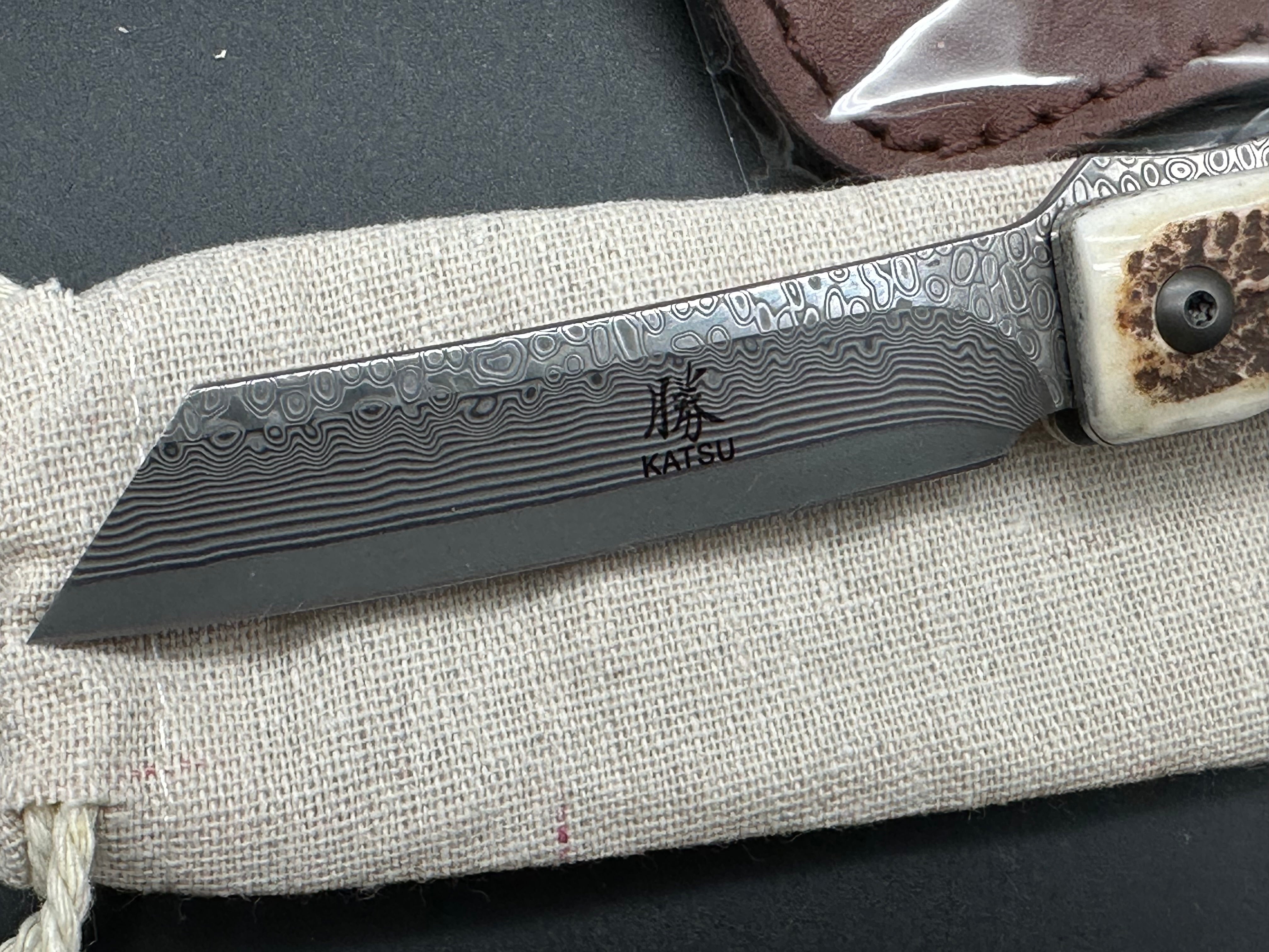 KATSU JDA01 Genuine Deer Antler Handle Hunting Knife with Damascus Steel Blade & Leather Sheath - Perfect for Outdoor Camping, Bushcraft, and Survival Activities