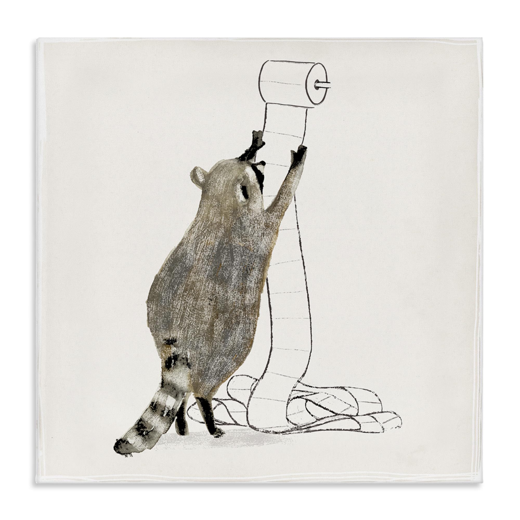 Stupell Industries Raccoon Toilet Paper Hoarder Woodland Animal Canvas Wall Art - 17x17 Inches, Beige - Perfect for Bathroom Decor, Wildlife Lover Gift & Home Office Wall Decoration