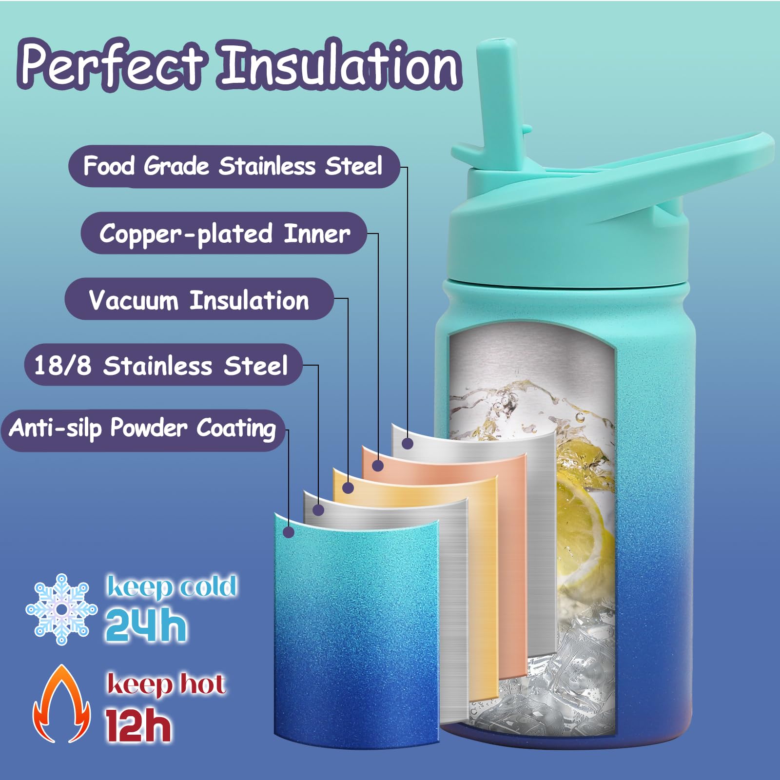 Mininoo 12oz Insulated Kids Water Bottle - Stainless Steel with Straw & Chug Lid for School & Outdoor
