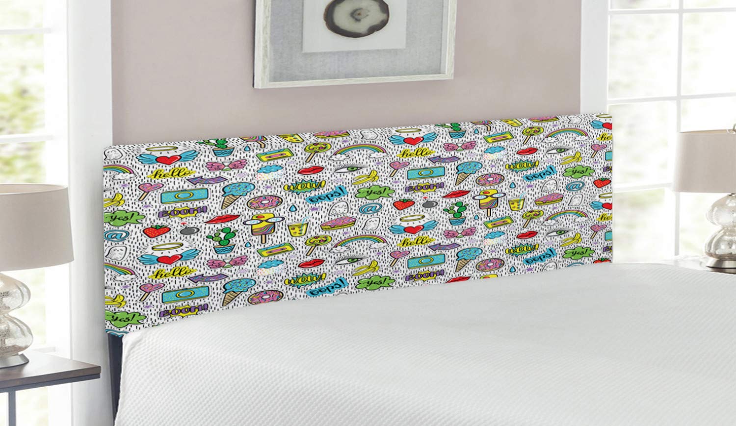 Ambesonne Emoticon Headboard - Pop Art Hand Drawn Cartoon Design with Ice Cream, Rainbow, Donut & Heart Patterns | Upholstered Decorative Metal Bed Headboard with Memory Foam | Queen Size Multicolor Headboard for Bedroom Decor & Teen Room Aesthetic