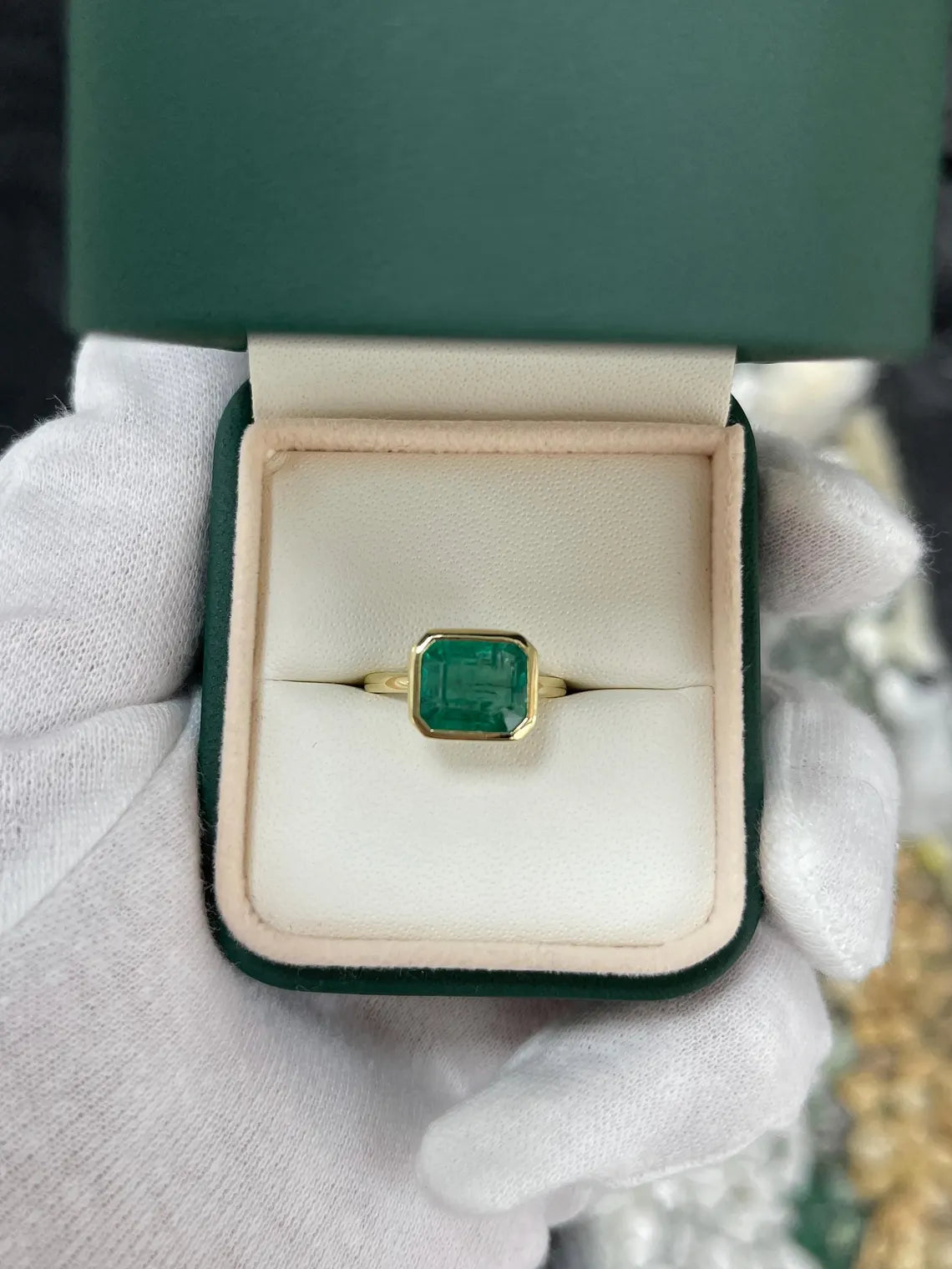 3.26ct Emerald Cut Solitaire Ring with Lush Green Bezel Set - Elegant Jewelry for Weddings, Anniversaries & Special Occasions