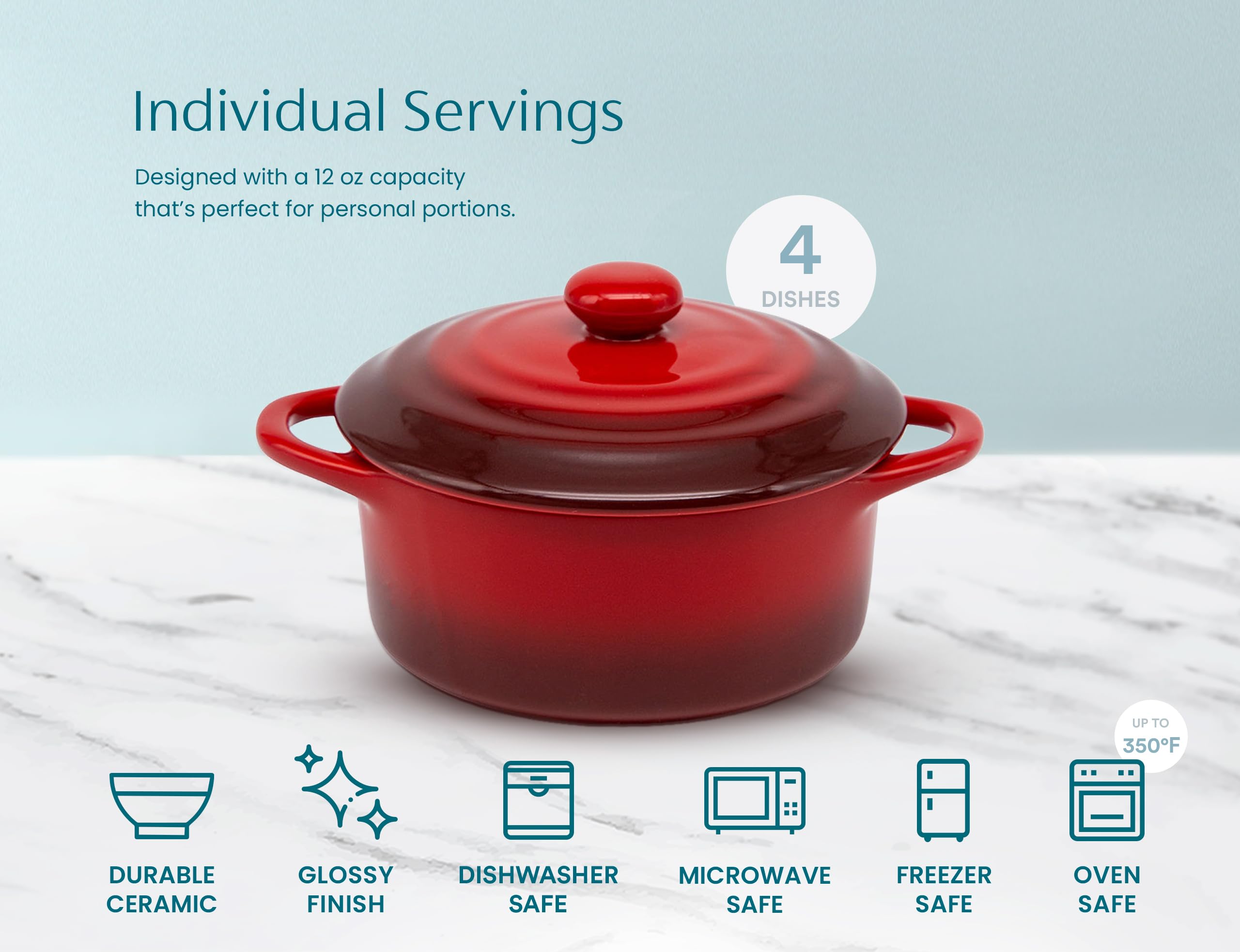 Kook Ceramic Mini Cocotte Set - 4-Piece 12oz Small Casserole Dishes with Lids | Oven, Microwave & Dishwasher Safe Stoneware Ramekins | Perfect for Individual Baking, French Onion Soup & Dessert Serving | Crimson Ombre Color