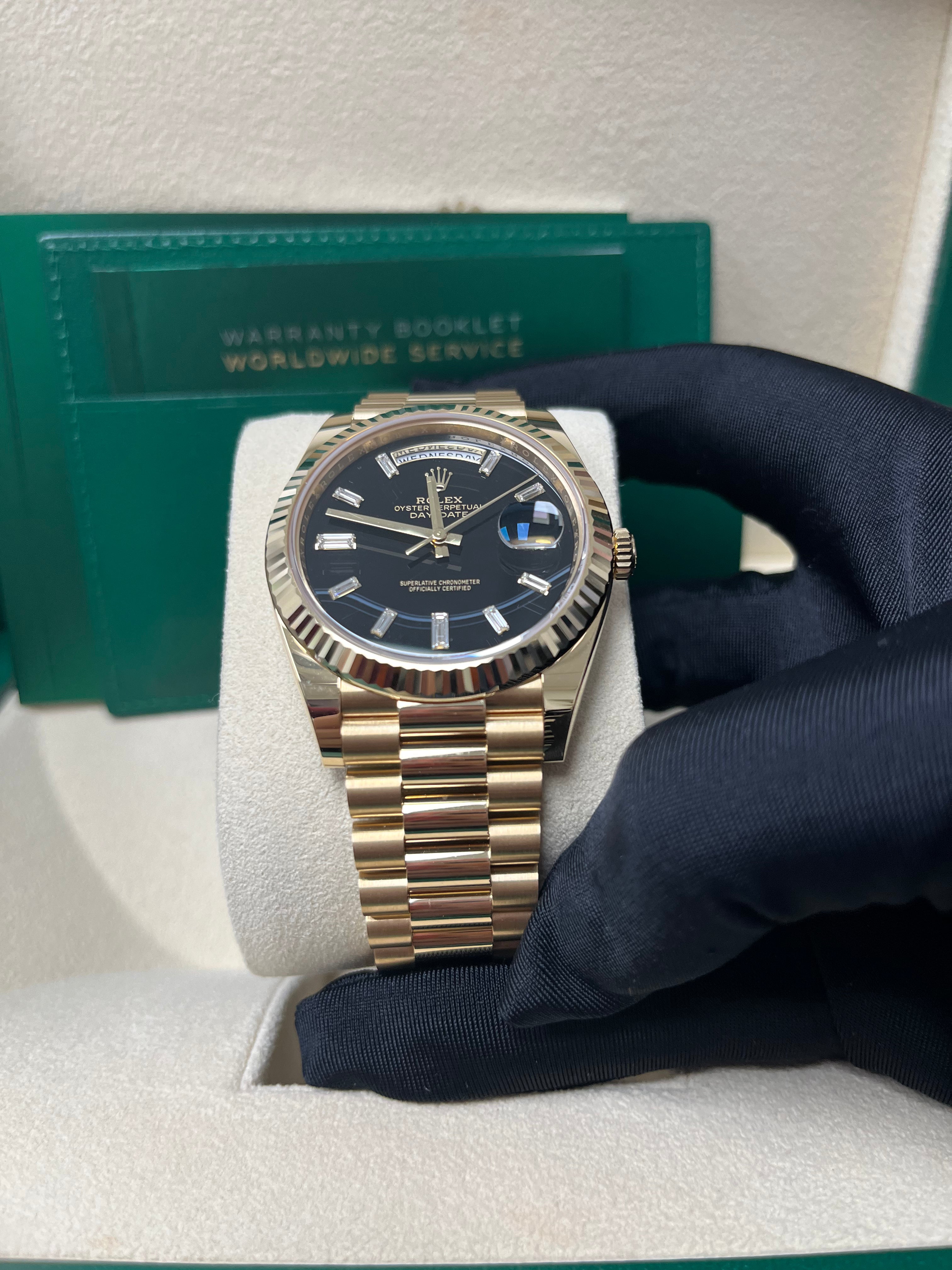 Rolex Day Date 40 Yellow Gold Men's Watch with Fluted Bezel, Onyx Dial & President Bracelet (Model 228238) - Luxury Dress Watch for Business & Formal Occasions