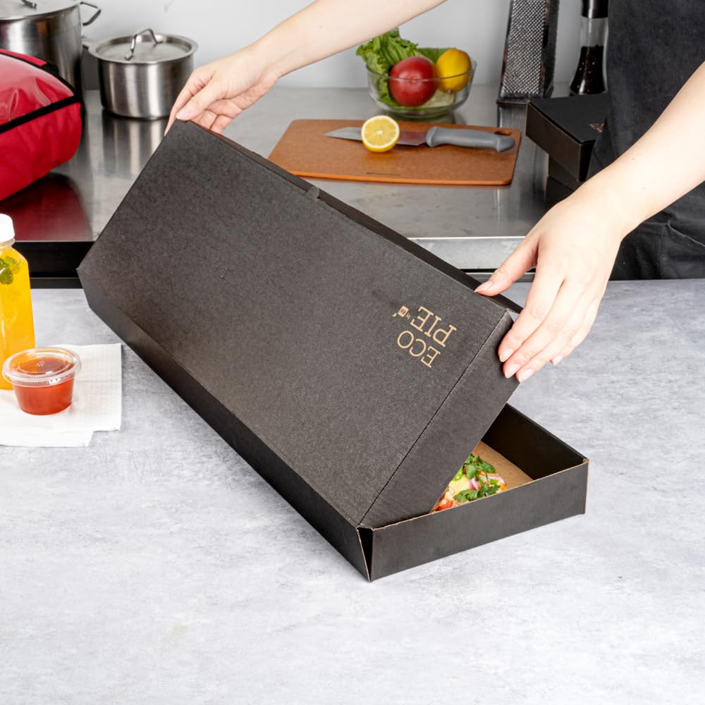 Eco-Friendly 24 x 12 x 2 Inch Flatbread Takeaway Boxes - 50 Pack Sturdy Corrugated Pizza Boxes with E-Flute Design & Tab-Lock System | Black & Kraft Paper Disposable Food Containers for Flatbreads, Pizzas, and Catering Events