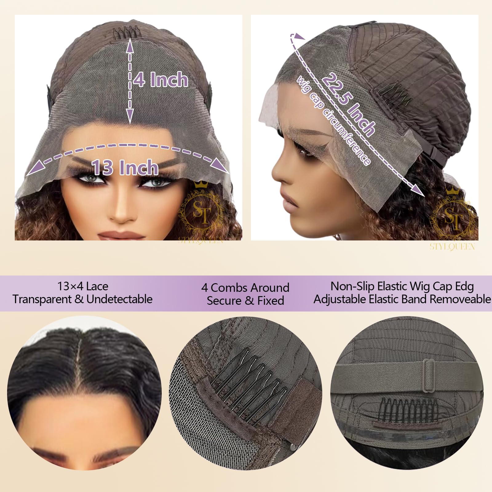 13x4 Glueless Ombre Curly Lace Front Wig - 150% Density 16 Inch Deep Wave Human Hair Wigs with Pre-Plucked Hairline for Black Women (1B30 Brown) | Perfect for Daily Wear, Parties & Special Occasions