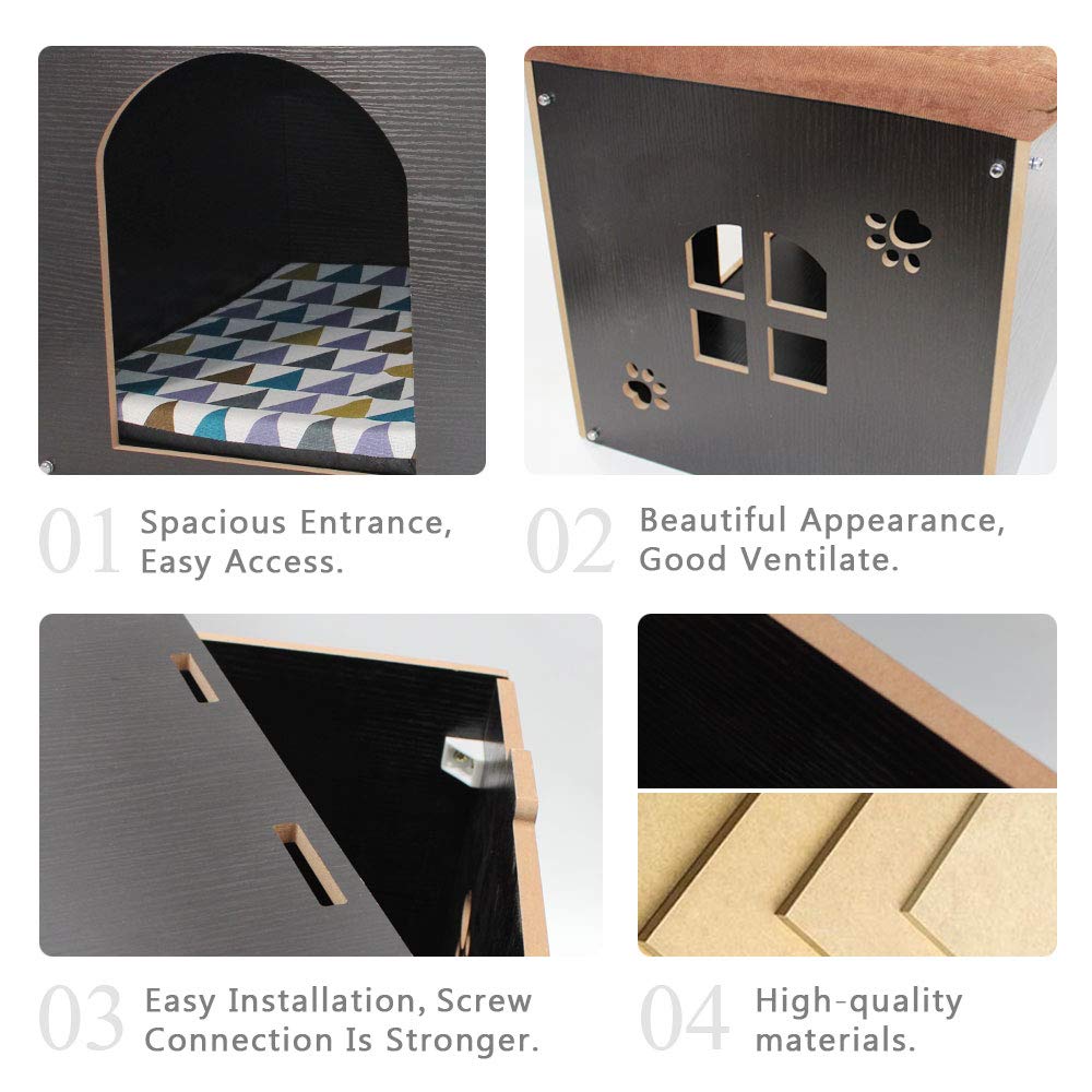 SONGWAY Wooden Cat House for Indoor Cats - Cozy Pet Cave with Cushioned Mat, Multi-Functional Cat Condo & Ottoman Stool - Perfect Cat Bed & Storage Cube for Small Dogs - Black (Ideal for Living Room, Bedroom & Home Office)