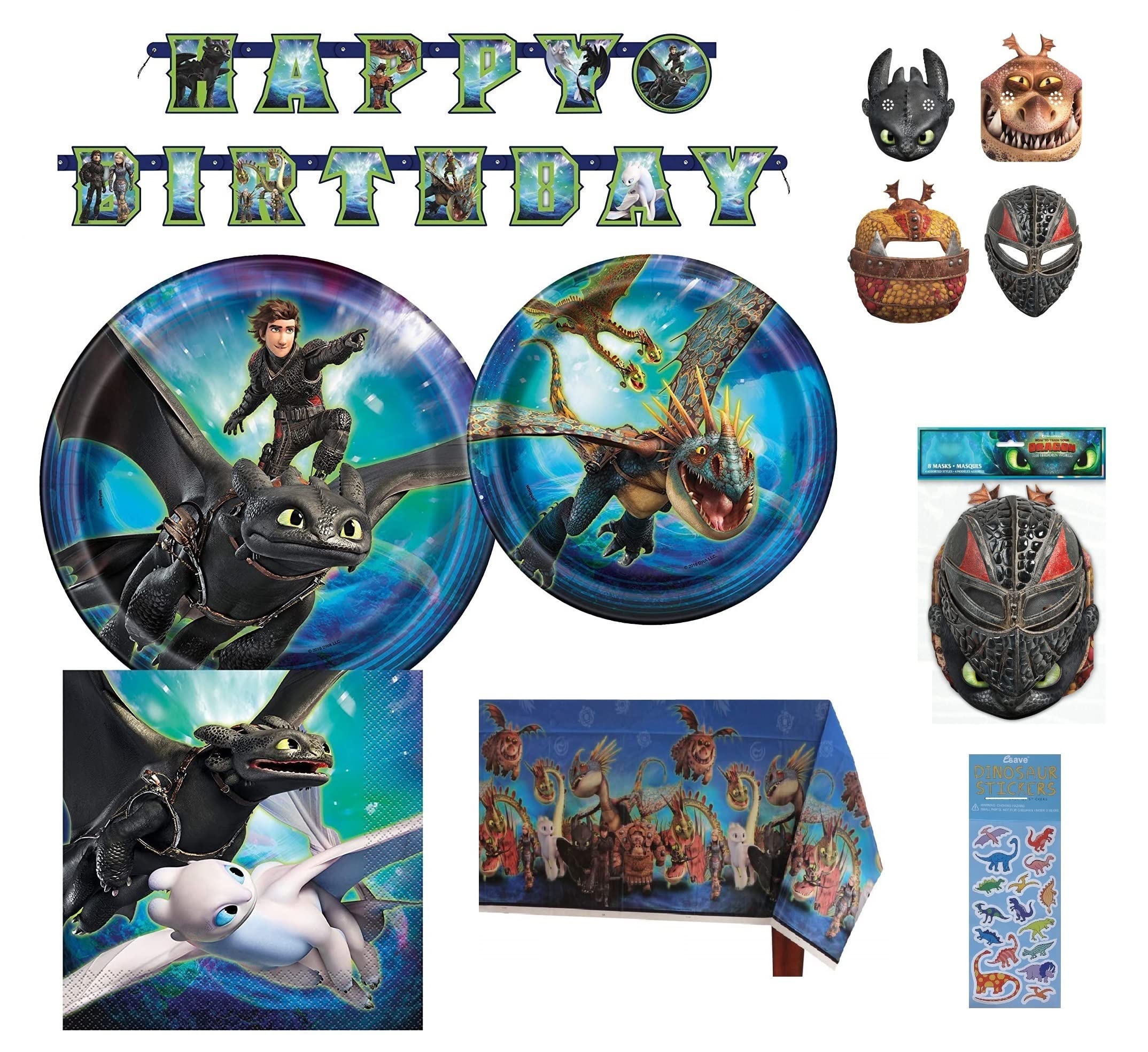 How to Train Your Dragon Birthday Party Supplies Set - 8 Dessert Plates, 8 Lunch Plates, 16 Napkins, Table Cover, Banner, 8 Masks & Stickers - Perfect for Kids' Themed Birthday Decorations & Celebrations