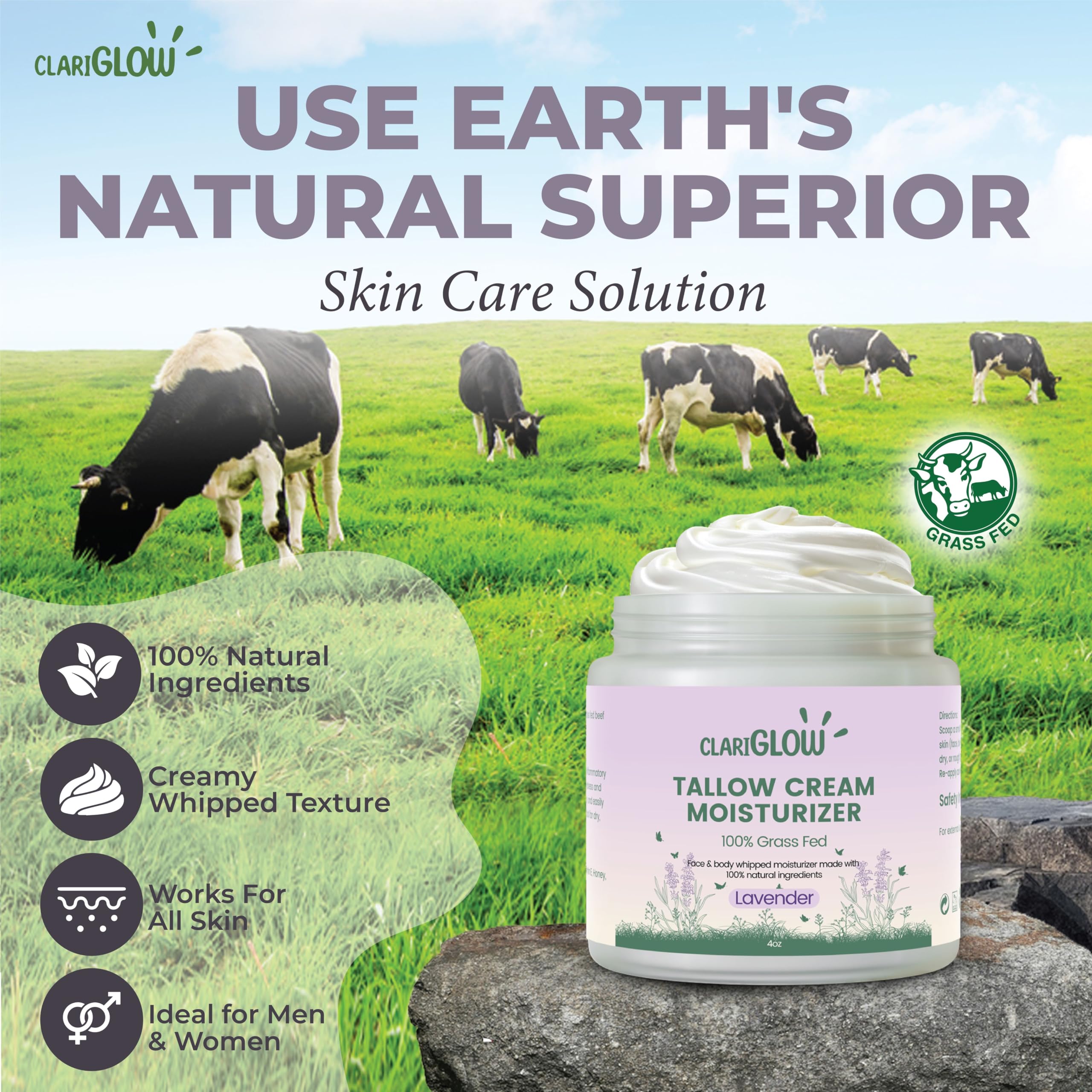 100% Grass-Fed Beef Tallow Face Moisturizer & Body Balm with Honey & Lavender - 4oz Natural Skin Care Cream for Dry Skin, Eczema & Anti-Aging | Perfect for Night Routine, Sensitive Skin & Organic Beauty Lovers