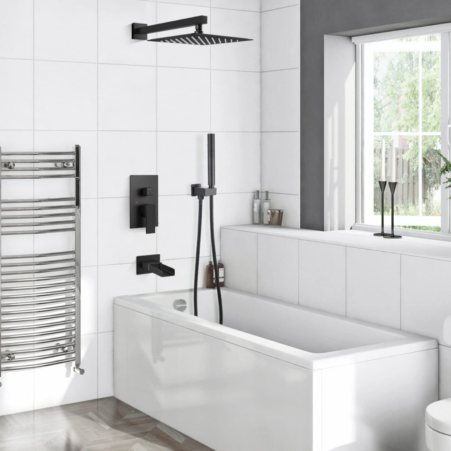 Matte Black Rainfall Shower System with Tub Spout & 2-in-1 Handheld Sprayer - 10 Inch Wall Mount Shower Faucet Set for Bathroom Luxury & Spa Experience