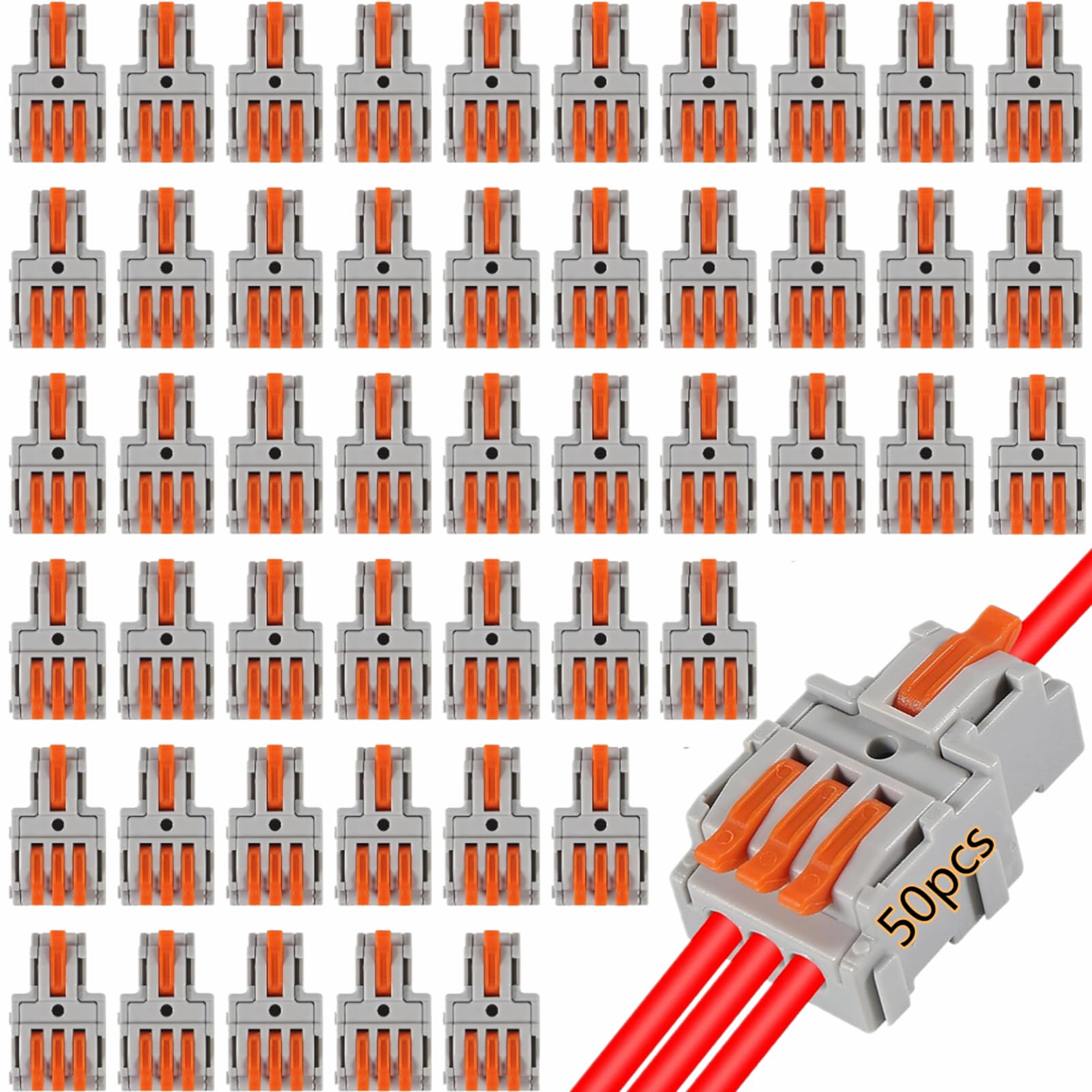 50PCS Lever Wire Connectors - 1 in 3 Out Quick Connect Electrical Terminals, Push-in Conductor Terminal Blocks for AWG 28-12 Gauge Wires - Perfect for Home Electrical Wiring, DIY Projects, and Professional Installations