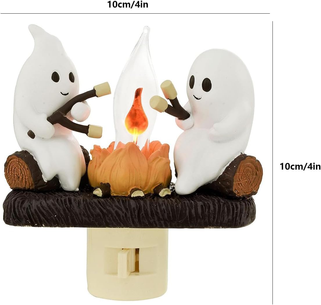 Ghost Campfire Flickering LED Night Light - Halloween Decor with Roasting Marshmallows Ghost - Spooky Flame S'Mores Wall Plug-in Nightlight (2 Pack) for Bedroom, Kids Room & Halloween Party Decorations