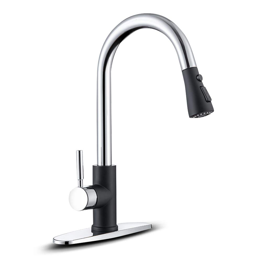 WEWE Black and Chrome Pull Down Kitchen Faucet with Sprayer - Stainless Steel Single Handle Sink Faucet for 1 or 3 Hole Installation - Perfect for Laundry Bars, Kitchen Sinks & Modern Home Upgrades