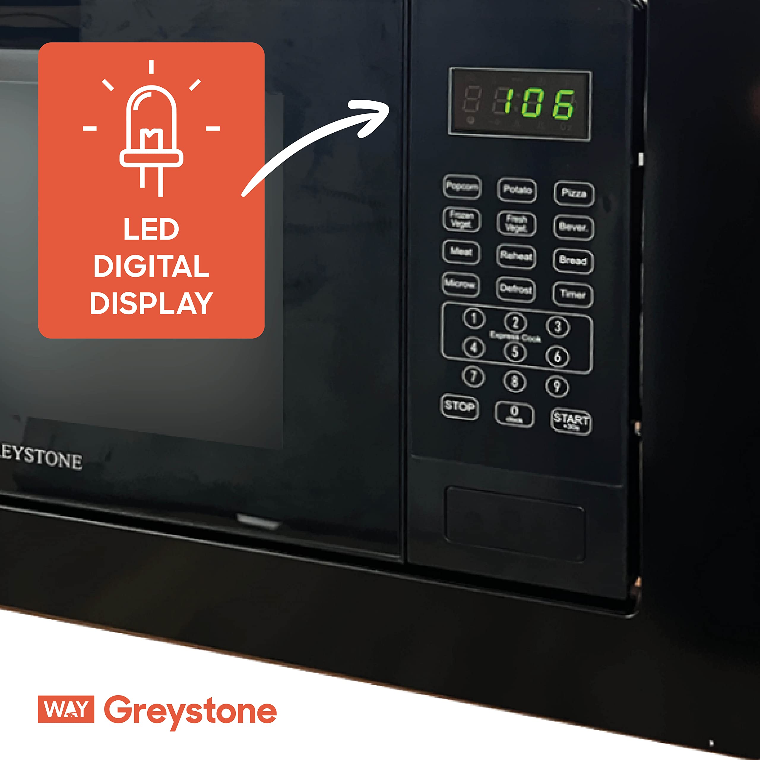 Greystone 0.9 Cu Ft Built-In Microwave Oven with Digital Touchpad & LED Display - Black Trim Kit Included - Perfect for Small Kitchens, Apartments, and RVs
