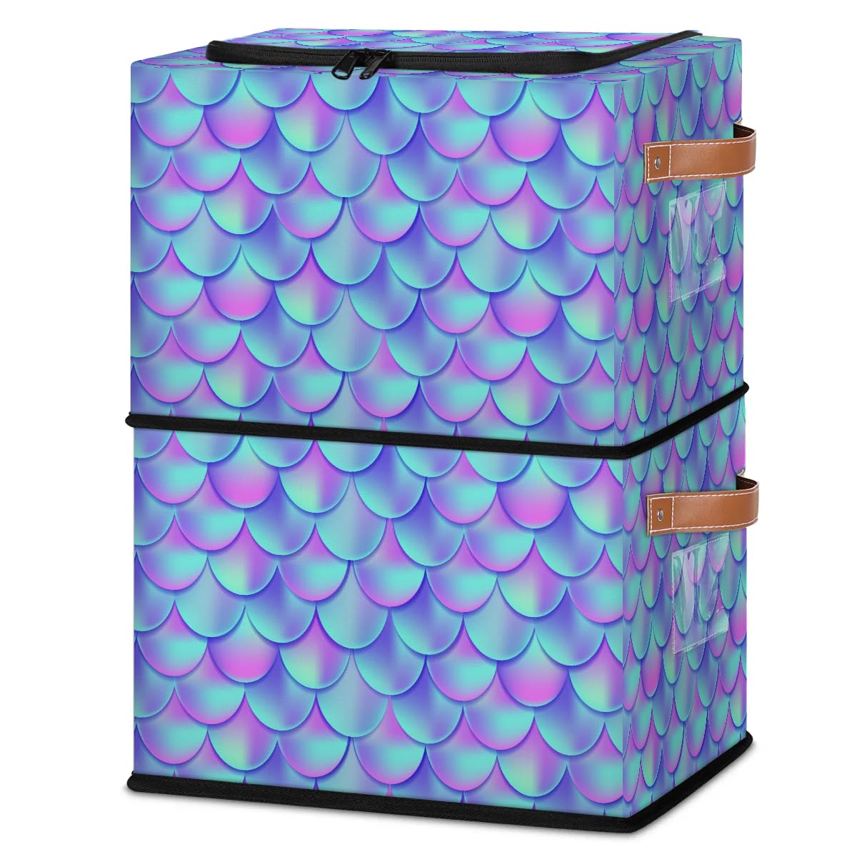 Colorful Fish Scale Pattern Zippered Storage Bins - Foldable Fabric Closet Organizer with Handles (2-Pack) for Clothes, Blankets, Toys - Perfect for Bedroom, Nursery & Closet Organization
