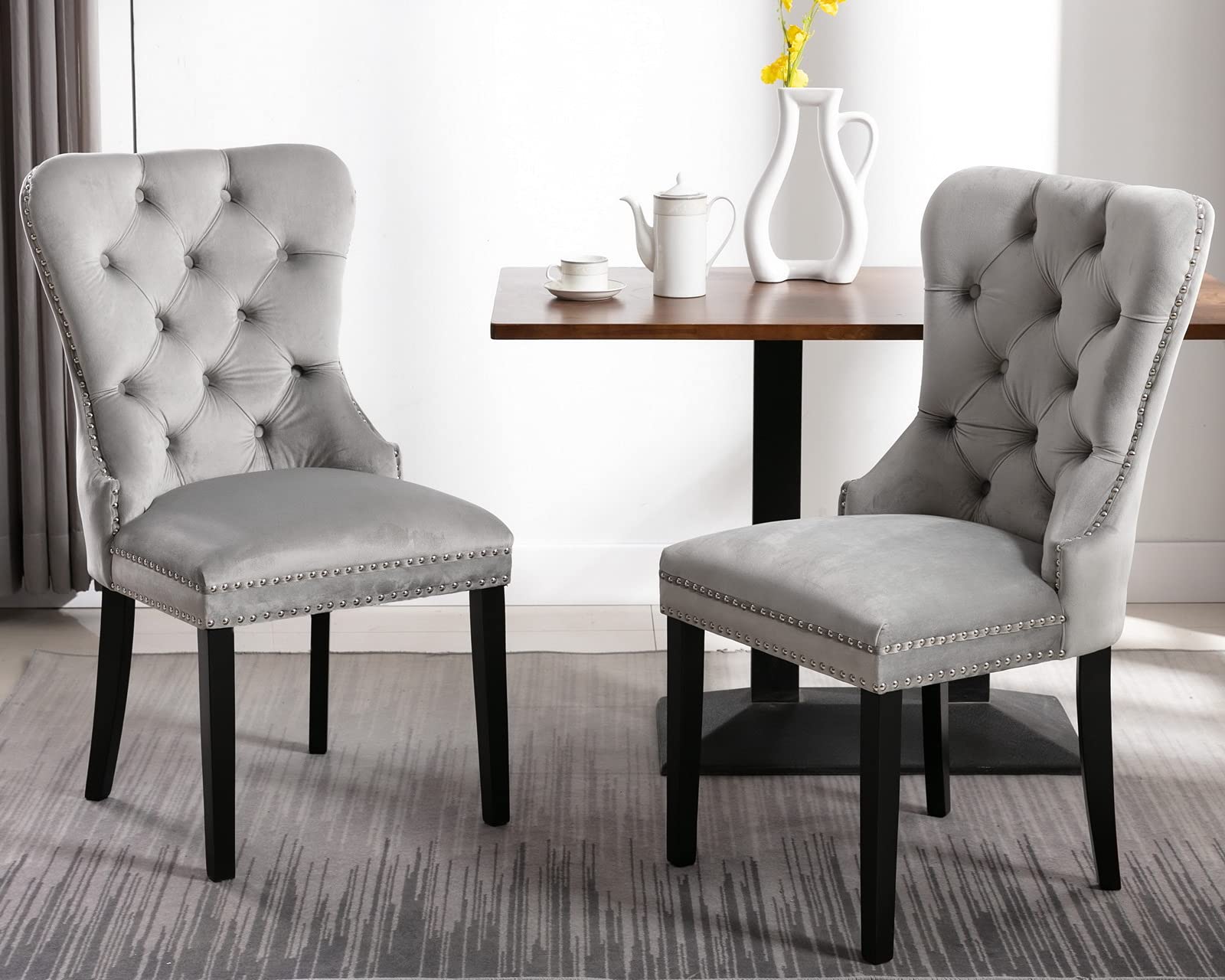 Premium Velvet Dining Chairs Set of 2 - Modern Tufted Upholstered Side Chairs with Solid Wood Frame & Nailhead Trim - Elegant Light Grey Accent Chairs for Kitchen, Dining Room, Bedroom or Home Office - Perfect for Entertaining, Family Meals & Cozy Reading Nooks