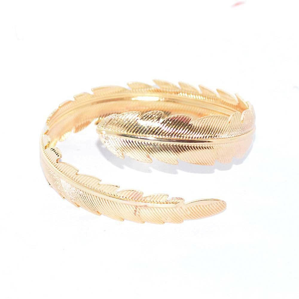 Stylish Women's Swirl Feather Leaf Arm Cuff Bracelet - Gold Punk Armband for Boho Fashion & Festival Outfits
