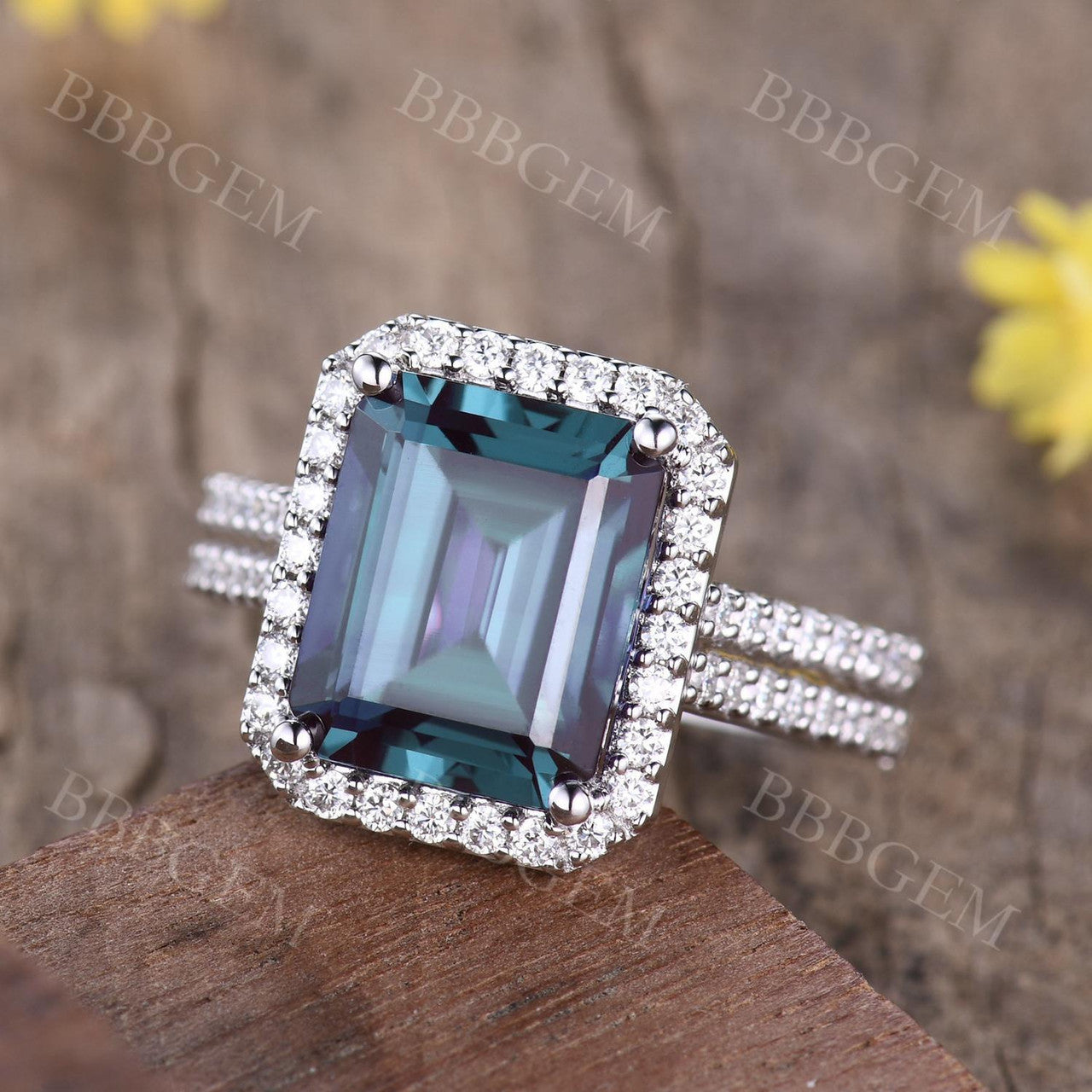 5 Carat Emerald Cut Alexandrite Engagement Ring - Cubic Zirconia Halo Ring in 14K White Gold - Perfect for Wedding, Proposal & Anniversary Gifts