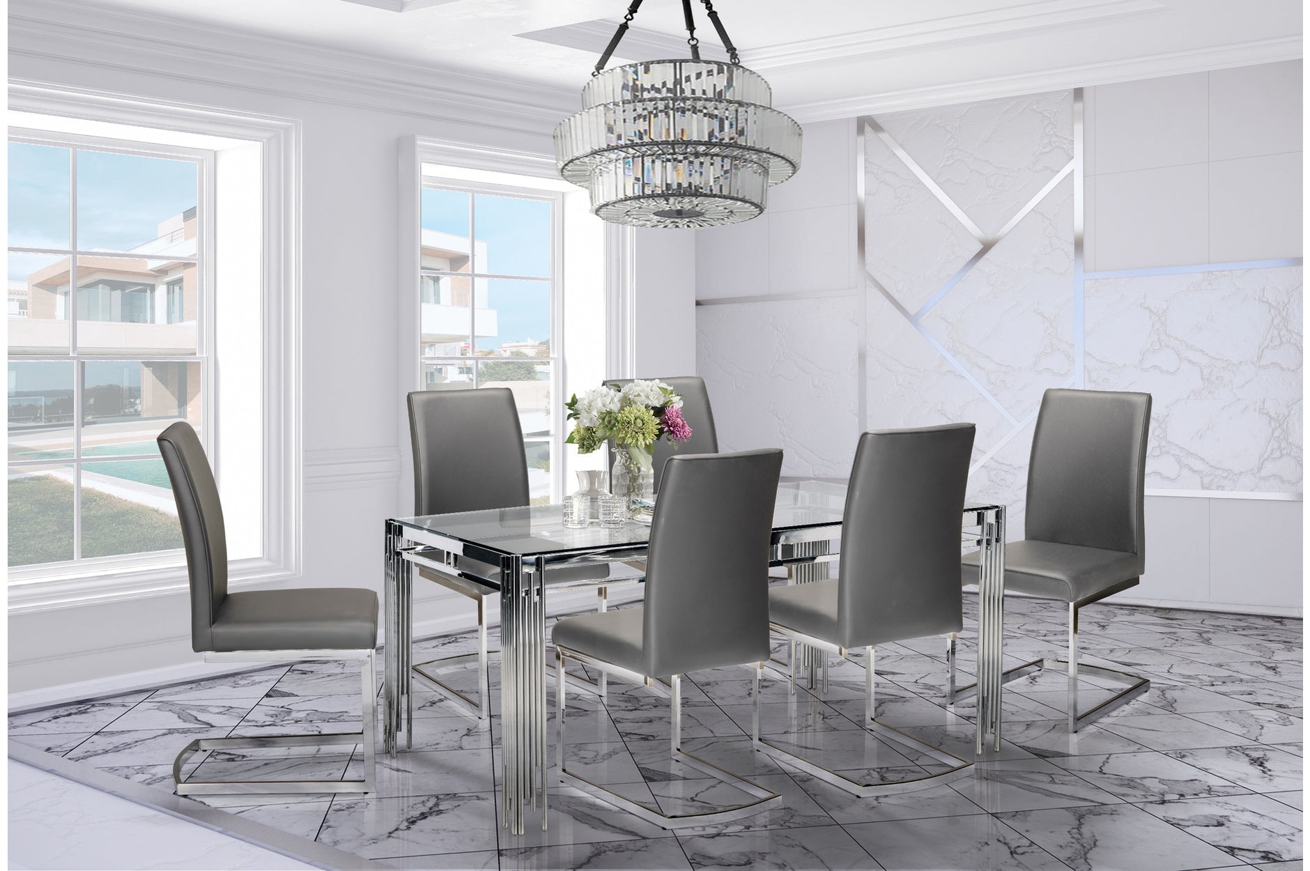 7-Piece Porfirio Dining Set with Grey Leather Shirelle Chairs - Elegant Modern Dining Room Furniture for Family Gatherings & Dinner Parties