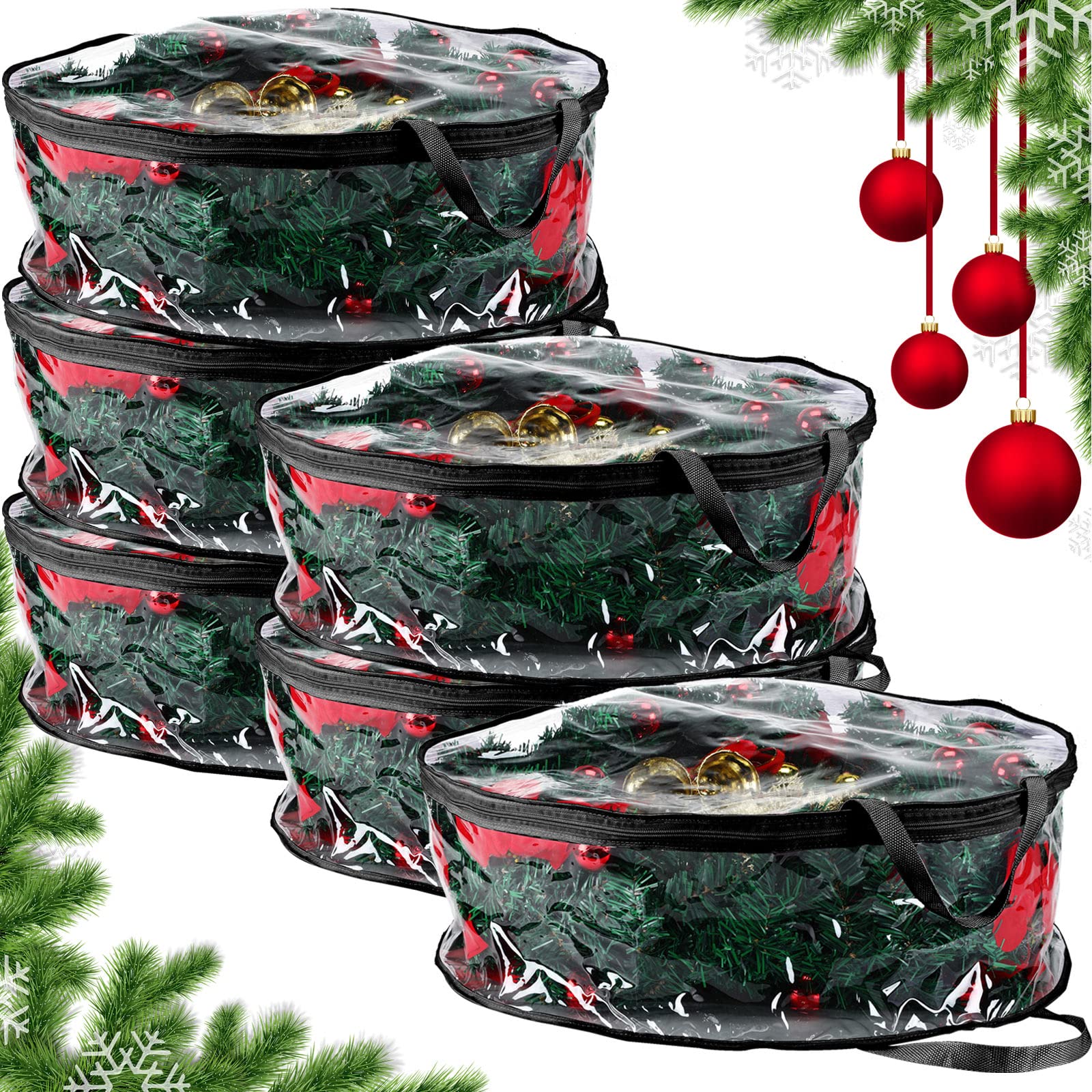 Shappy 30 Inch Christmas Wreath Storage Bags - 6 Pack Clear & Black Plastic Wreath Containers with Dual Zippers & Handles for Holiday Decor Storage - Perfect for Xmas, Thanksgiving, and Artificial Wreath Organization