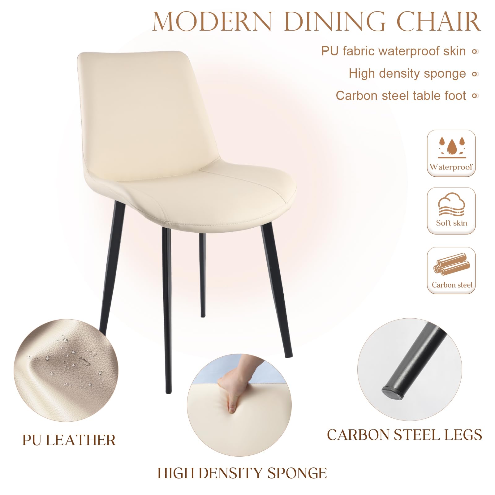 Modern PU Leather Dining Chairs Set of 2 - Sturdy Metal Legs & Upholstered Seats - Beige Accent Side Chairs for Kitchen, Living Room & Dining Room - Perfect for Family Dinners & Home Decor