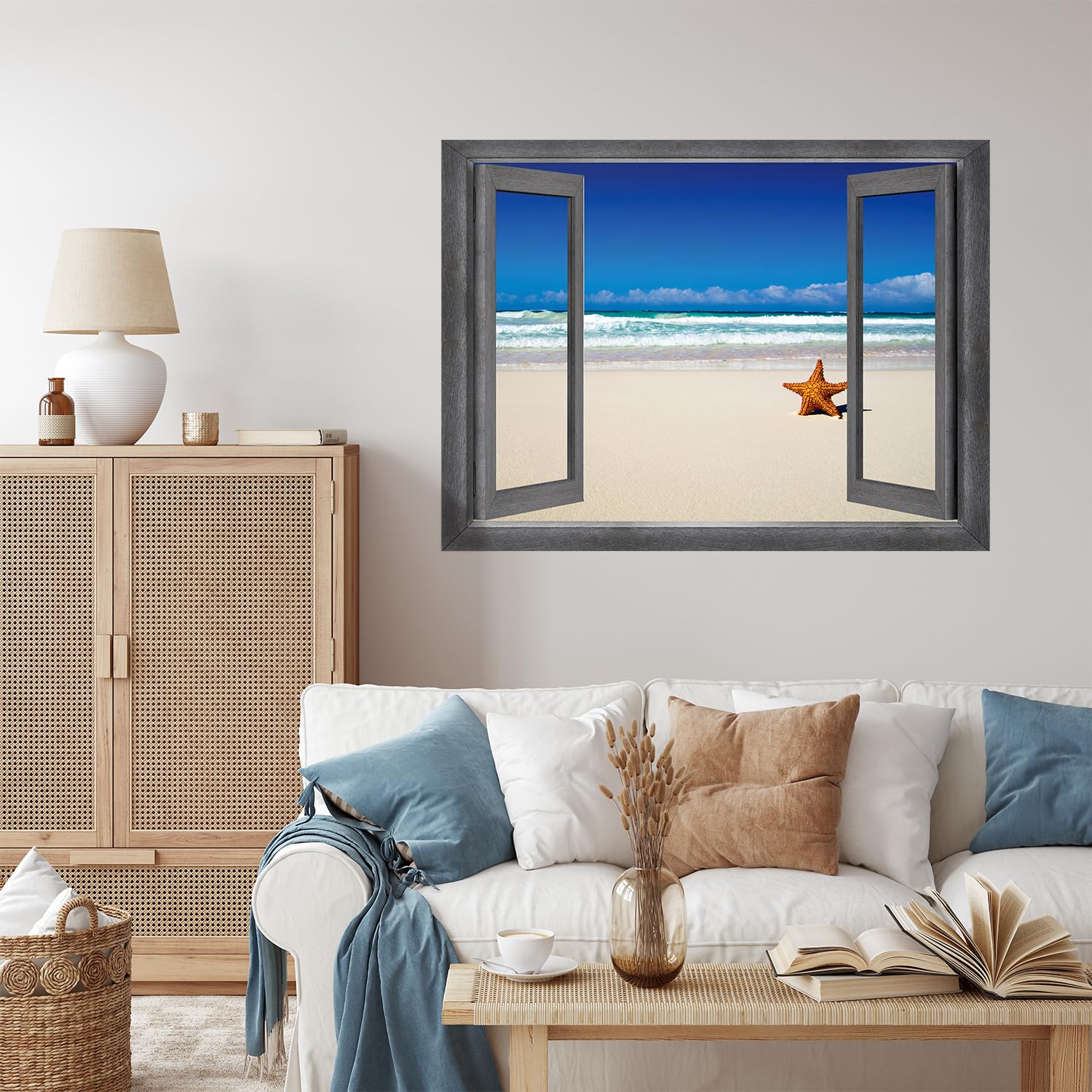 Wall26 - Open Window Ocean View Wall Mural with Starfish - Removable Peel & Stick Wall Decal - 24x32 Inch Coastal Home Decor - Perfect for Living Room, Bedroom, or Beach House Interior Design