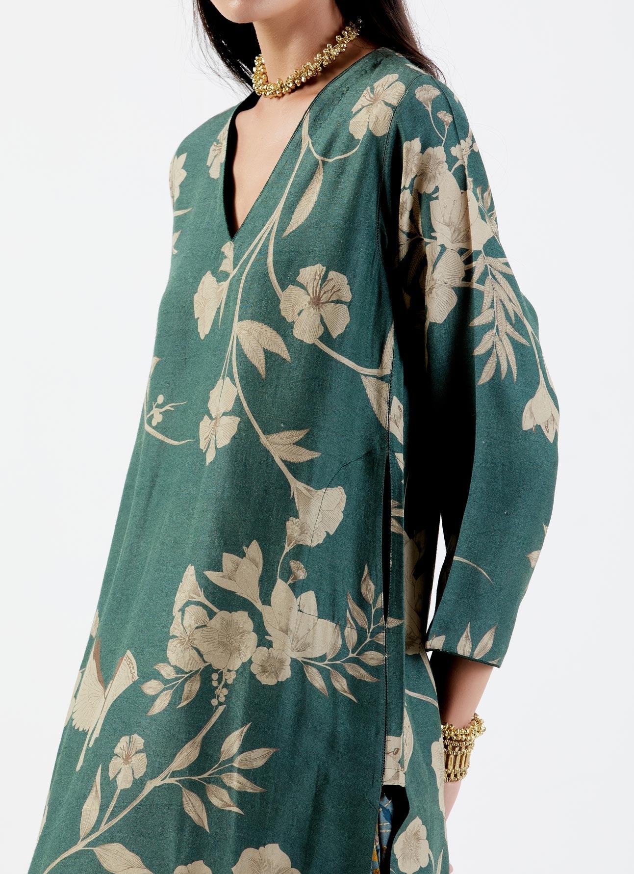 Elegant V Neck Kurta for Women - Premium Muga Satin Fabric with Forest Print - Perfect for Festivals, Parties & Casual Wear
