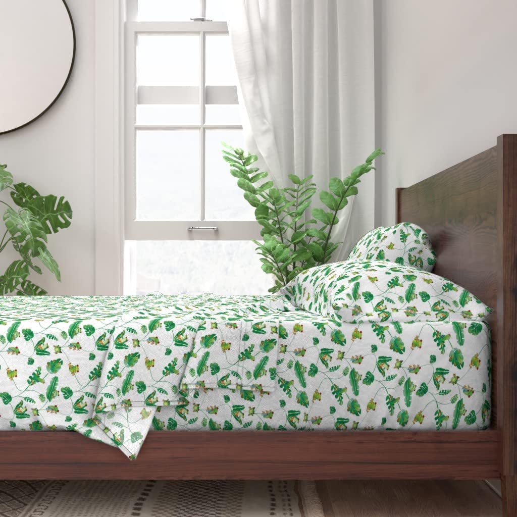 100% Cotton Queen Size 4-Piece Sheet Set | Jungle Green Tree & Cute Animal Rainforest Tropical Print Bedding - Soft & Breathable for Comfortable Sleep, Perfect for Kids' Rooms & Tropical Themed Bedrooms