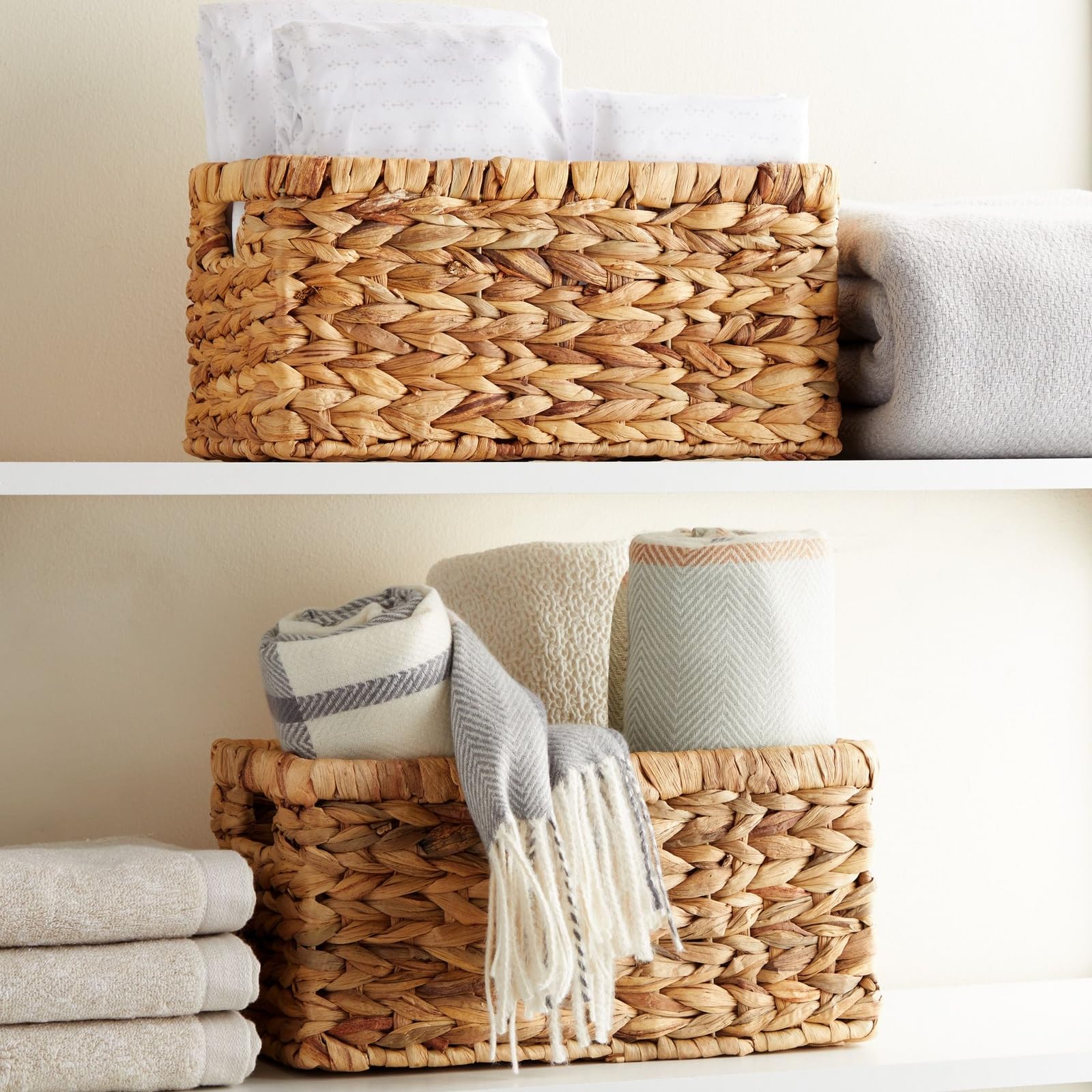 2 Pack Small Rectangular Wicker Baskets - 6 Inch Wide Handwoven Water Hyacinth Storage Bins for Shelves | Perfect for Home Organization, Bathroom & Kitchen Storage, Decorative Display