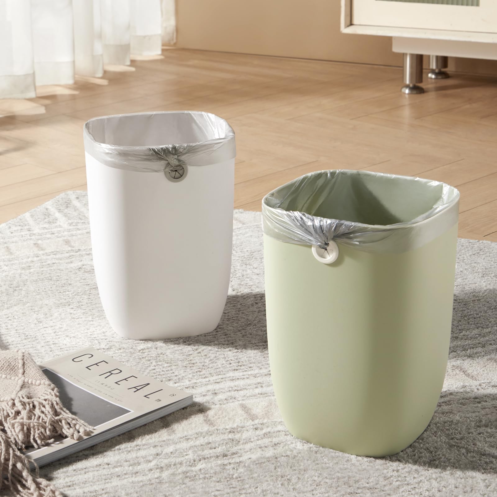 Eco-Friendly Green Plastic Trash Can with Liner Holder - 1.8 Gallon (7 Liter) Rectangular Waste Basket for Bathroom, Kitchen, Bedroom & Living Room - Perfect for Small Spaces & Modern Home Décor