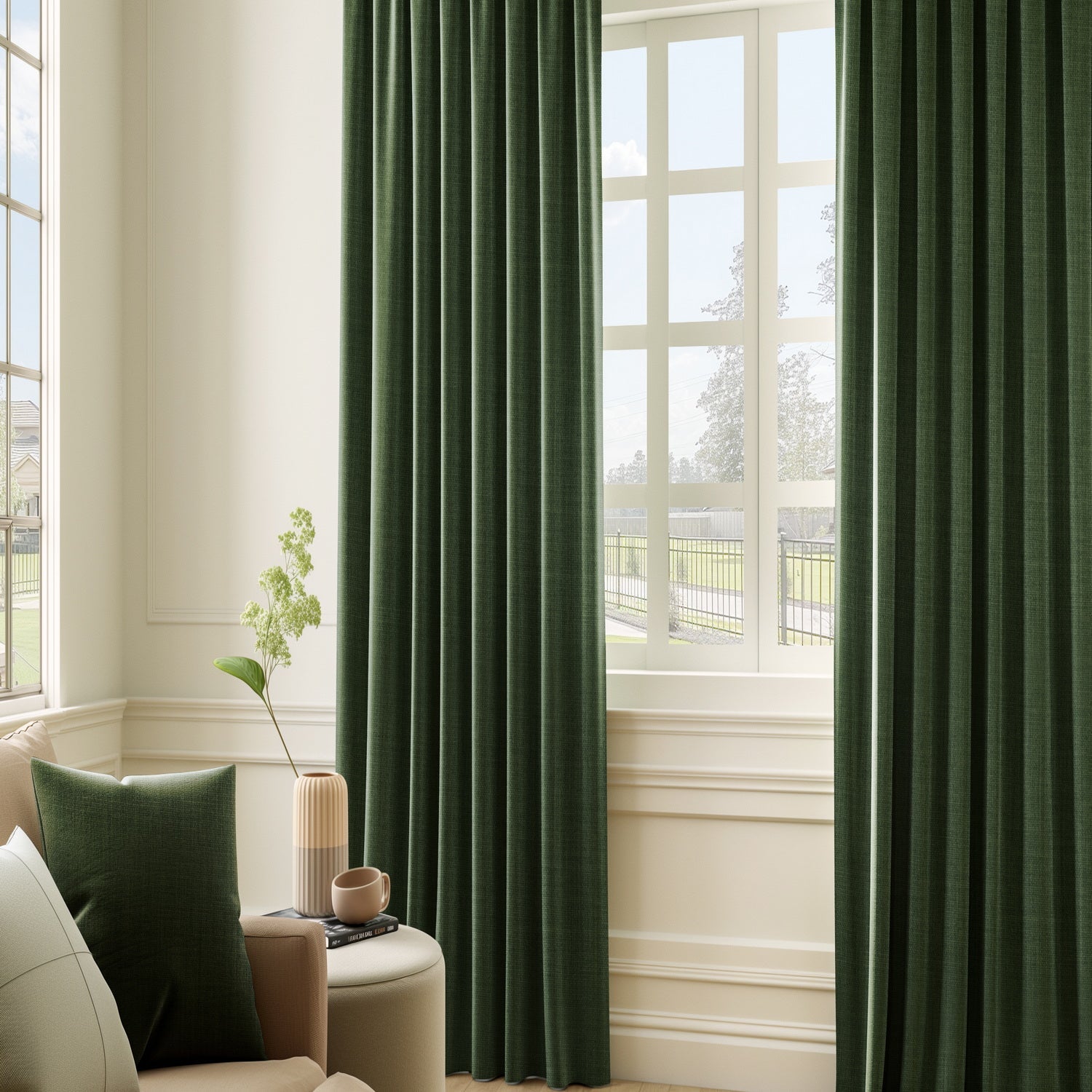 Custom Green Textured Faux Linen Curtains for Living Room & Bedroom - Elegant Window Treatments for Home Decor